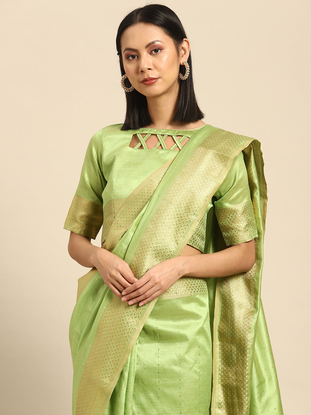 Dhiyona RV Women's Designer Assam Cotton Silk Saree with Golden Border & Sequins Weaving With Blouse ( KVD2013 )