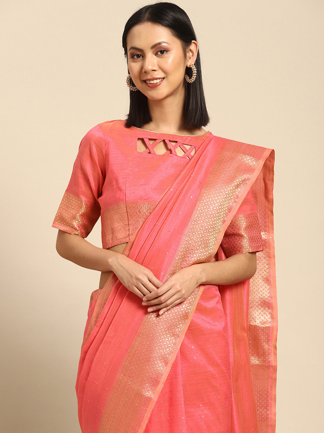 Dhiyona RV Women's Designer Assam Cotton Silk Saree with Golden Border & Sequins Weaving With Blouse ( KVD2014 )