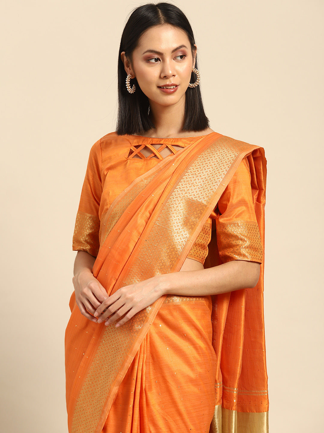 Dhiyona RV Women's Designer Assam Cotton Silk Saree with Golden Border & Sequins Weaving With Blouse ( KVD2015 )