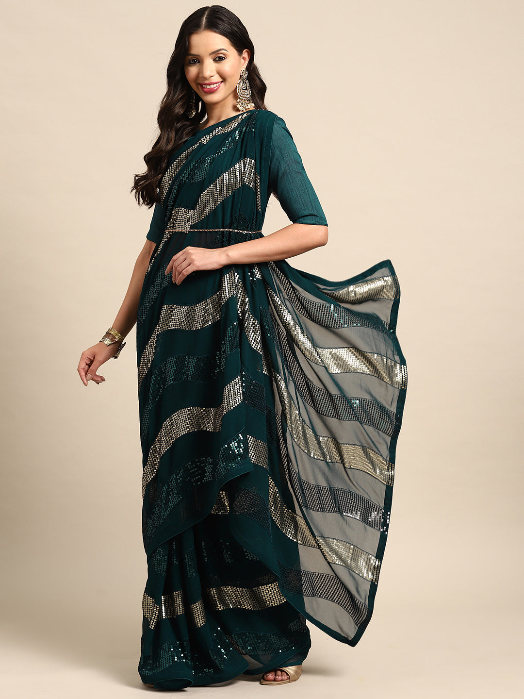 Dhiyona RV Women's Elegant Georgette Sequins Embroidered Saree with Banglori Silk Blouse ( KVD2041 )