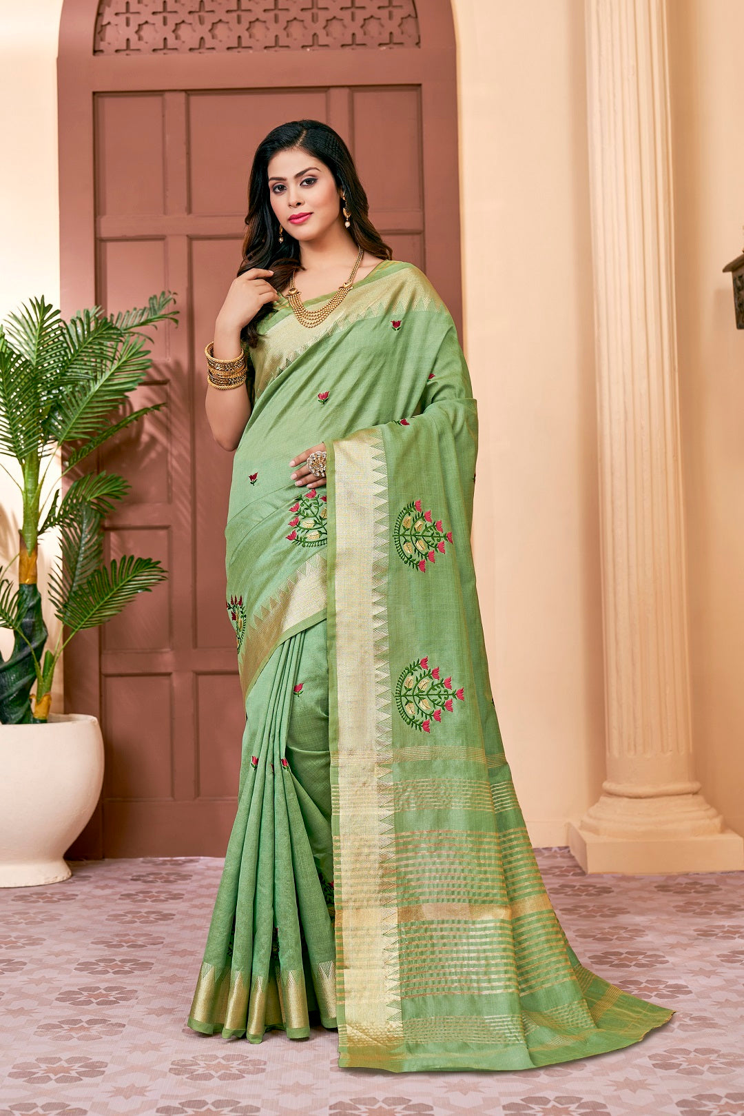 Dhiyona RV Women's Elegant Assam Cotton Silk Saree with Colorful Thread Embroidery & Temple Border With Blouse ( KVD2043 )
