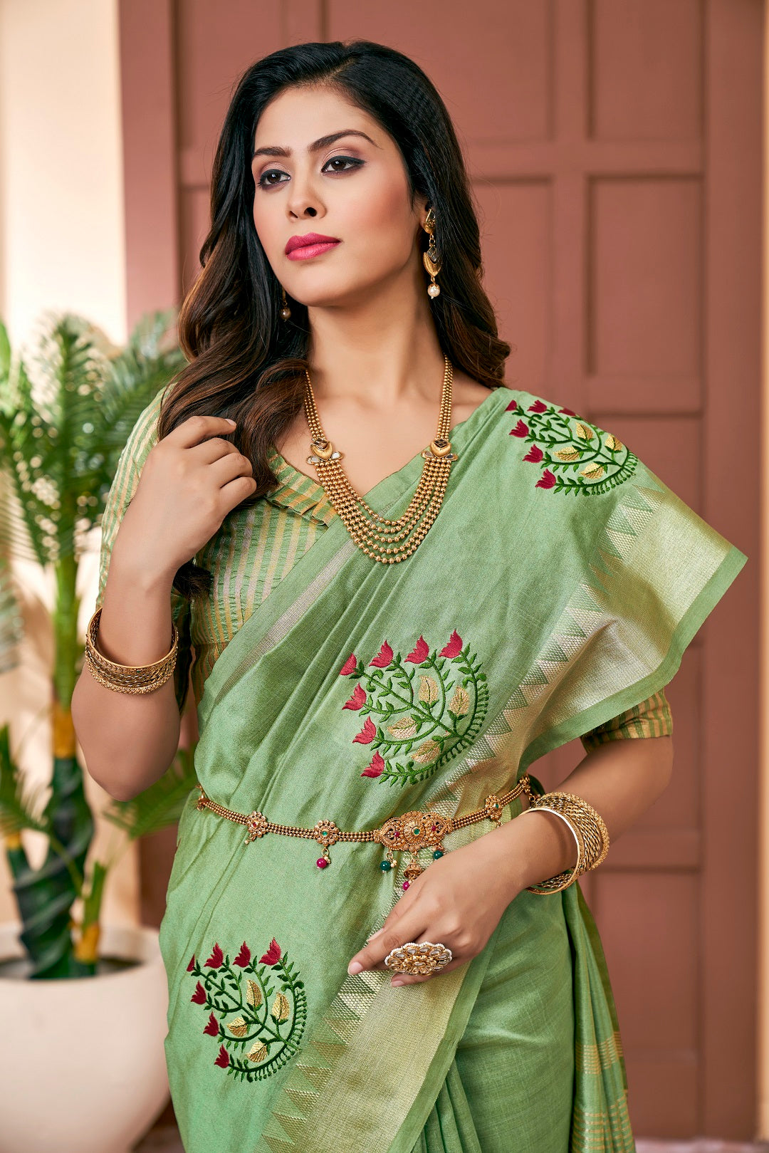 Dhiyona RV Women's Elegant Assam Cotton Silk Saree with Colorful Thread Embroidery & Temple Border With Blouse ( KVD2043 )
