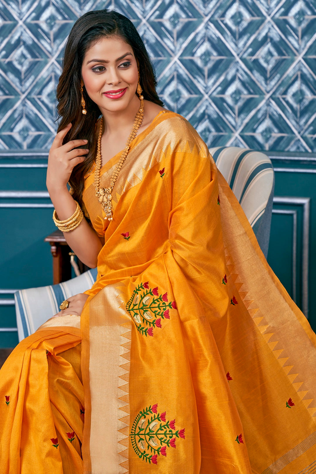 Dhiyona RV Women's Elegant Assam Cotton Silk Saree with Colorful Thread Embroidery & Temple Border With Blouse ( KVD2044 )