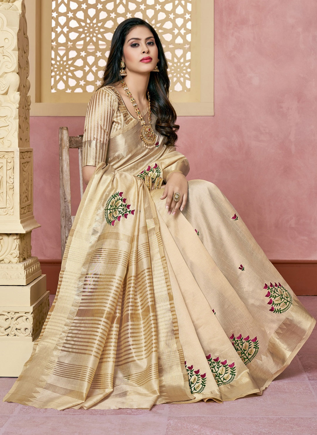 Dhiyona RV Women's Elegant Assam Cotton Silk Saree with Colorful Thread Embroidery & Temple Border With Blouse ( KVD2046 )