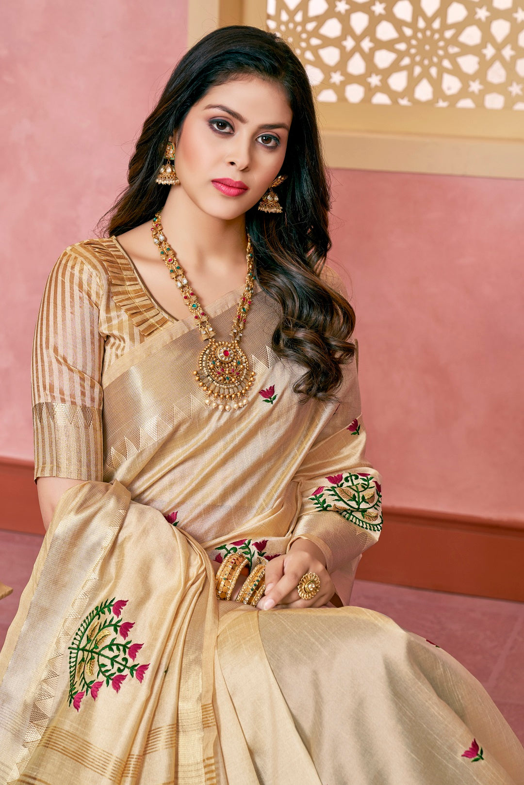 Dhiyona RV Women's Elegant Assam Cotton Silk Saree with Colorful Thread Embroidery & Temple Border With Blouse ( KVD2046 )