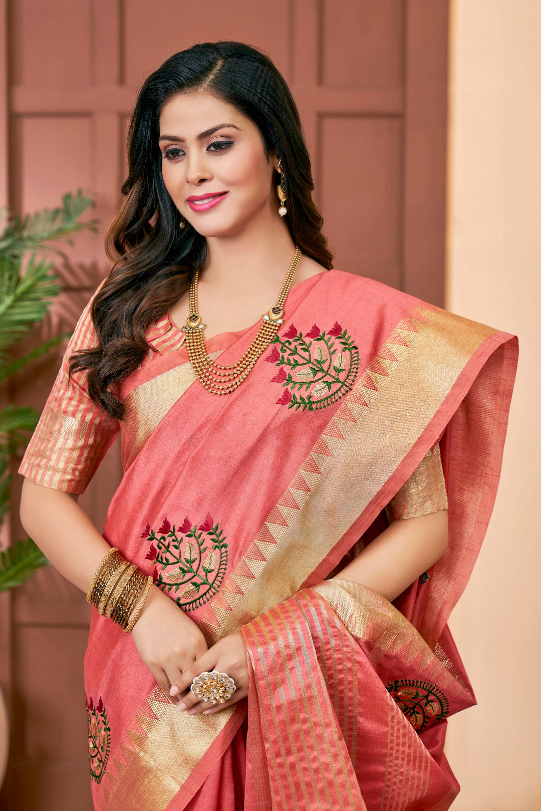 Dhiyona RV Women's Elegant Assam Cotton Silk Saree with Colorful Thread Embroidery & Temple Border With Blouse ( KVD2047 )