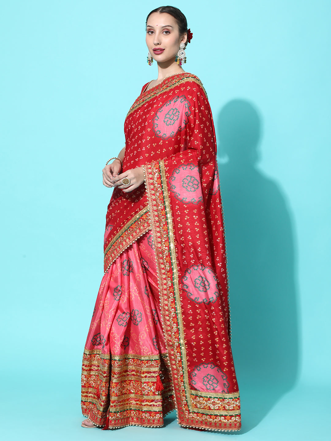 Dhiyona RV Women's Soft Dola Silk With Bhandhani With Colourful Embroidery Heavy Lace Saree With Blouse ( KVD2091 )