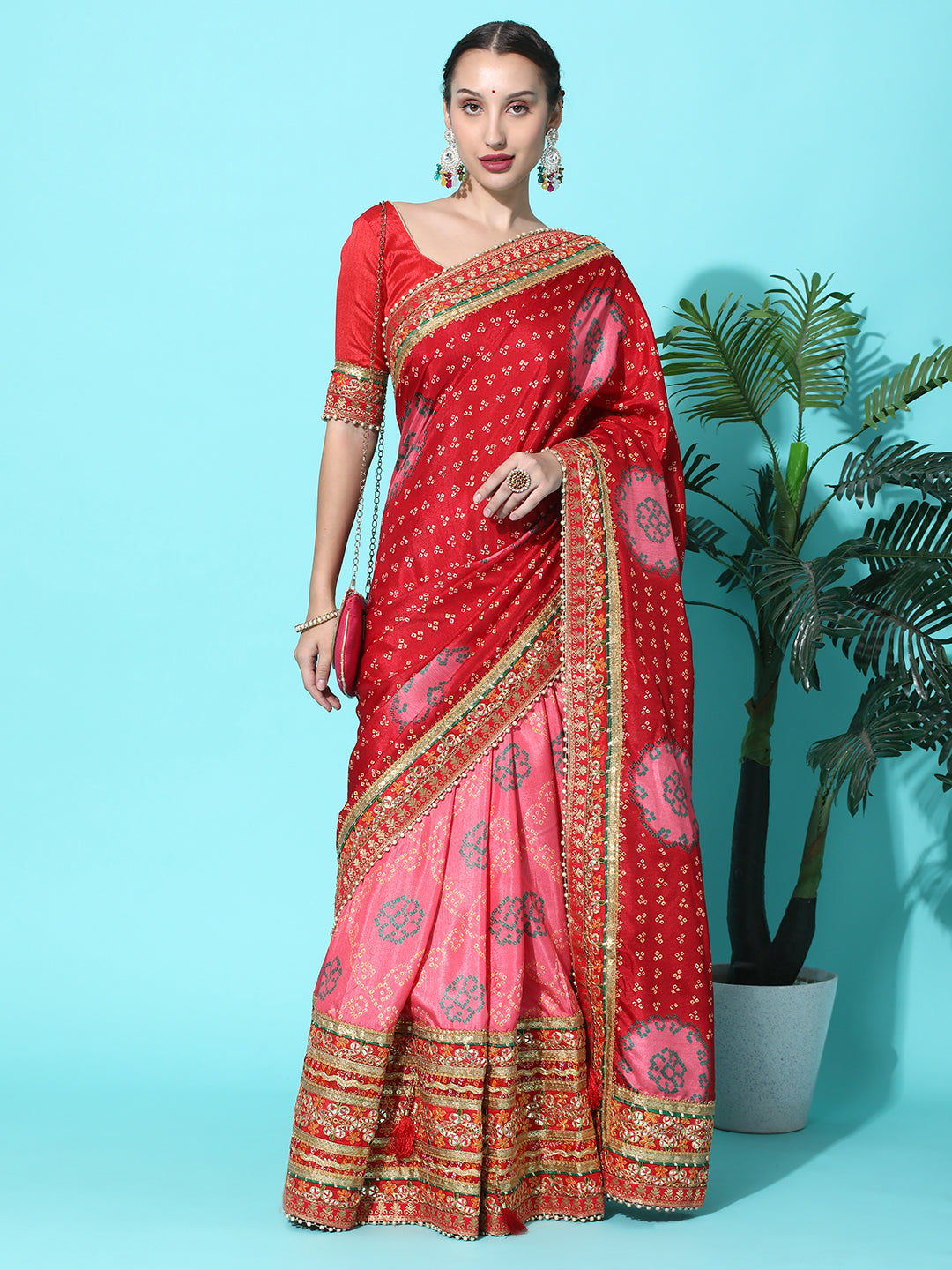 Dhiyona RV Women's Soft Dola Silk With Bhandhani With Colourful Embroidery Heavy Lace Saree With Blouse ( KVD2091 )