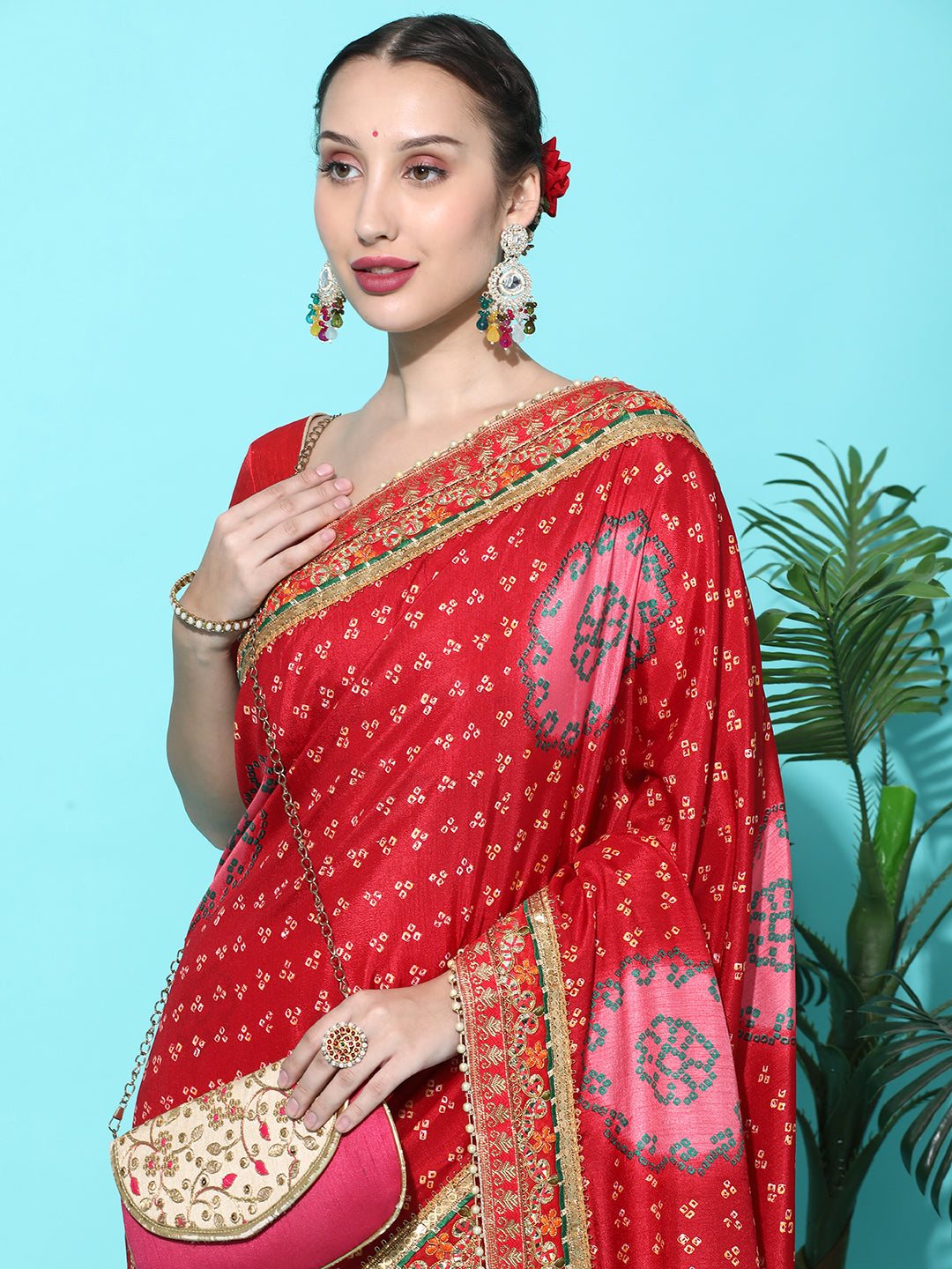 Dhiyona RV Women's Soft Dola Silk With Bhandhani With Colourful Embroidery Heavy Lace Saree With Blouse ( KVD2091 )