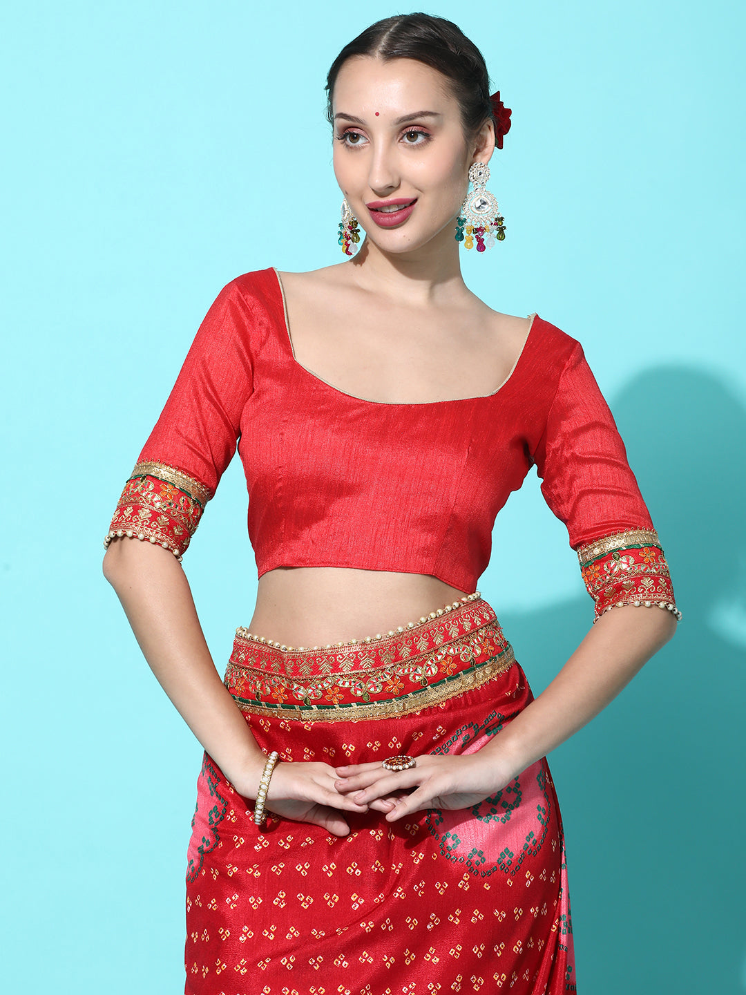 Dhiyona RV Women's Soft Dola Silk With Bhandhani With Colourful Embroidery Heavy Lace Saree With Blouse ( KVD2091 )
