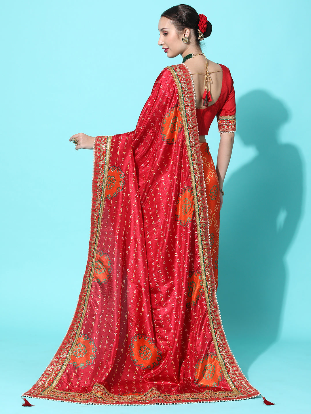 Dhiyona RV Women's Soft Dola Silk With Bhandhani With Colourful Embroidery Heavy Lace Saree With Blouse ( KVD2092 )