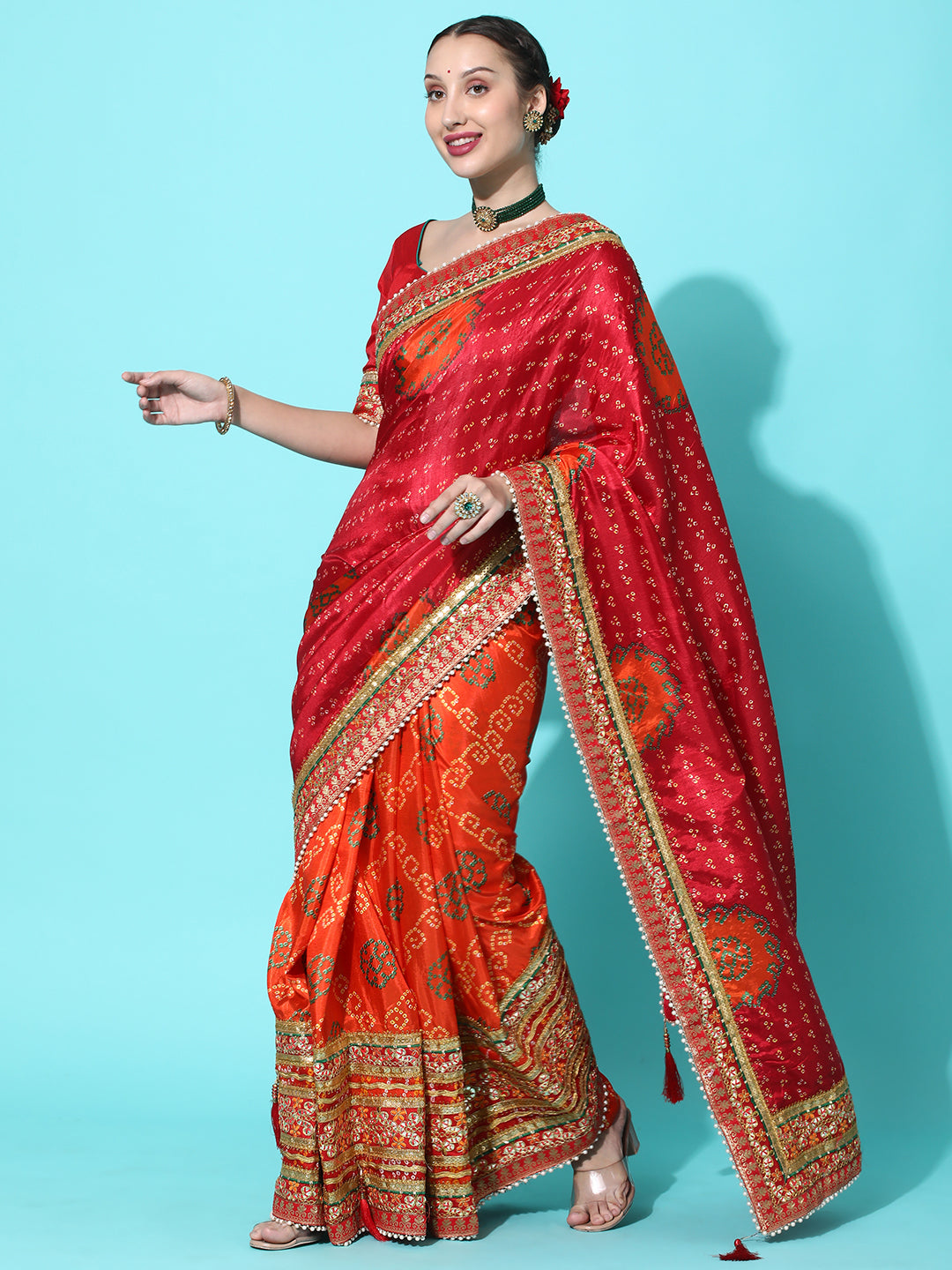 Dhiyona RV Women's Soft Dola Silk With Bhandhani With Colourful Embroidery Heavy Lace Saree With Blouse ( KVD2092 )
