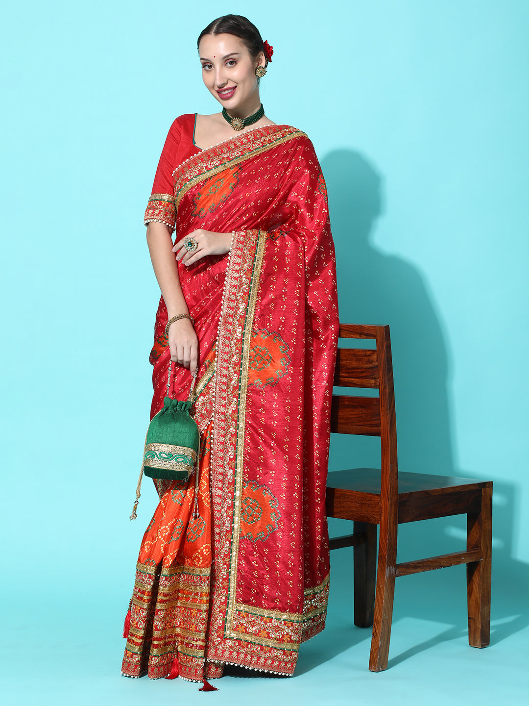 Dhiyona RV Women's Soft Dola Silk With Bhandhani With Colourful Embroidery Heavy Lace Saree With Blouse ( KVD2092 )