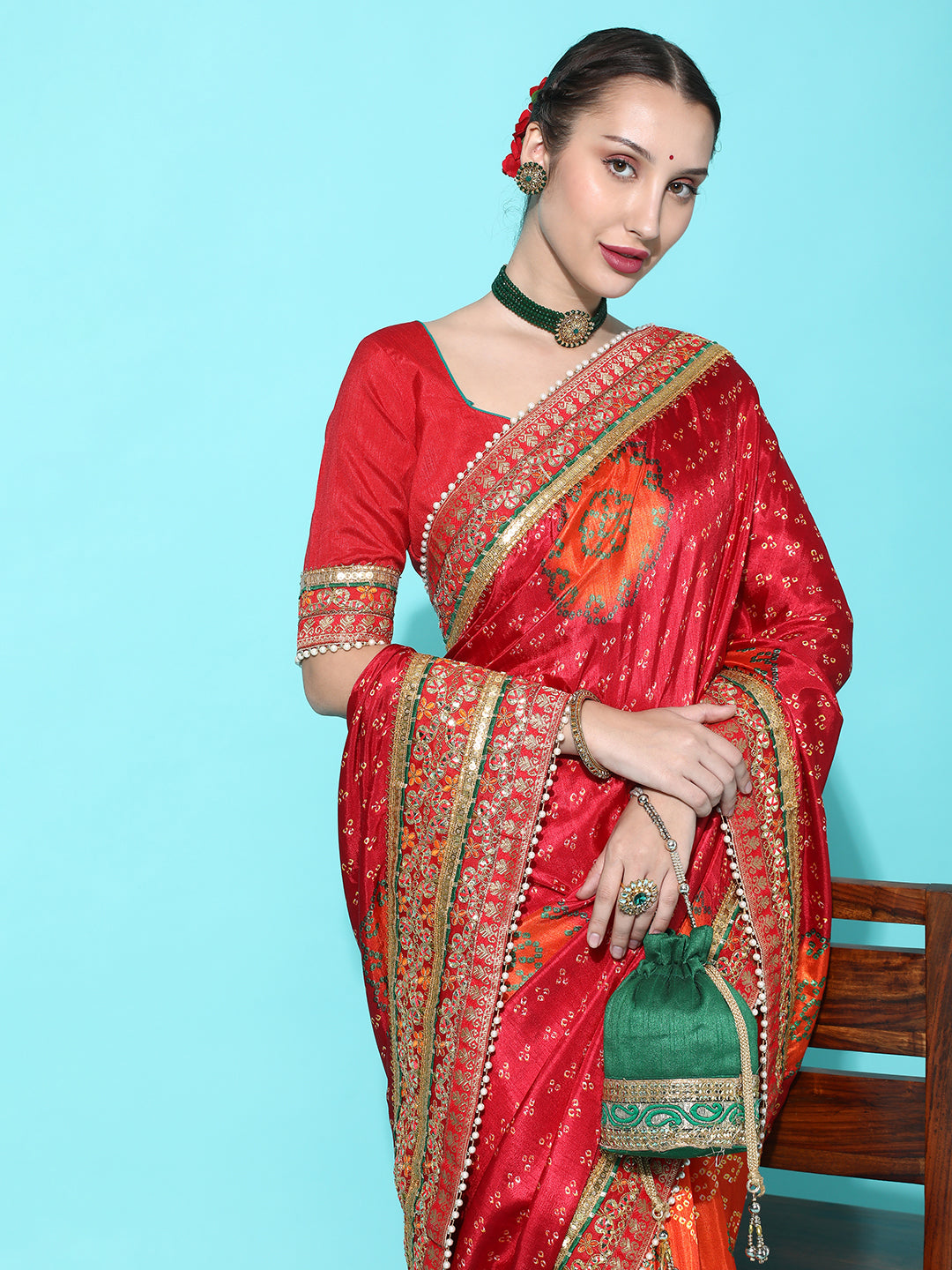 Dhiyona RV Women's Soft Dola Silk With Bhandhani With Colourful Embroidery Heavy Lace Saree With Blouse ( KVD2092 )