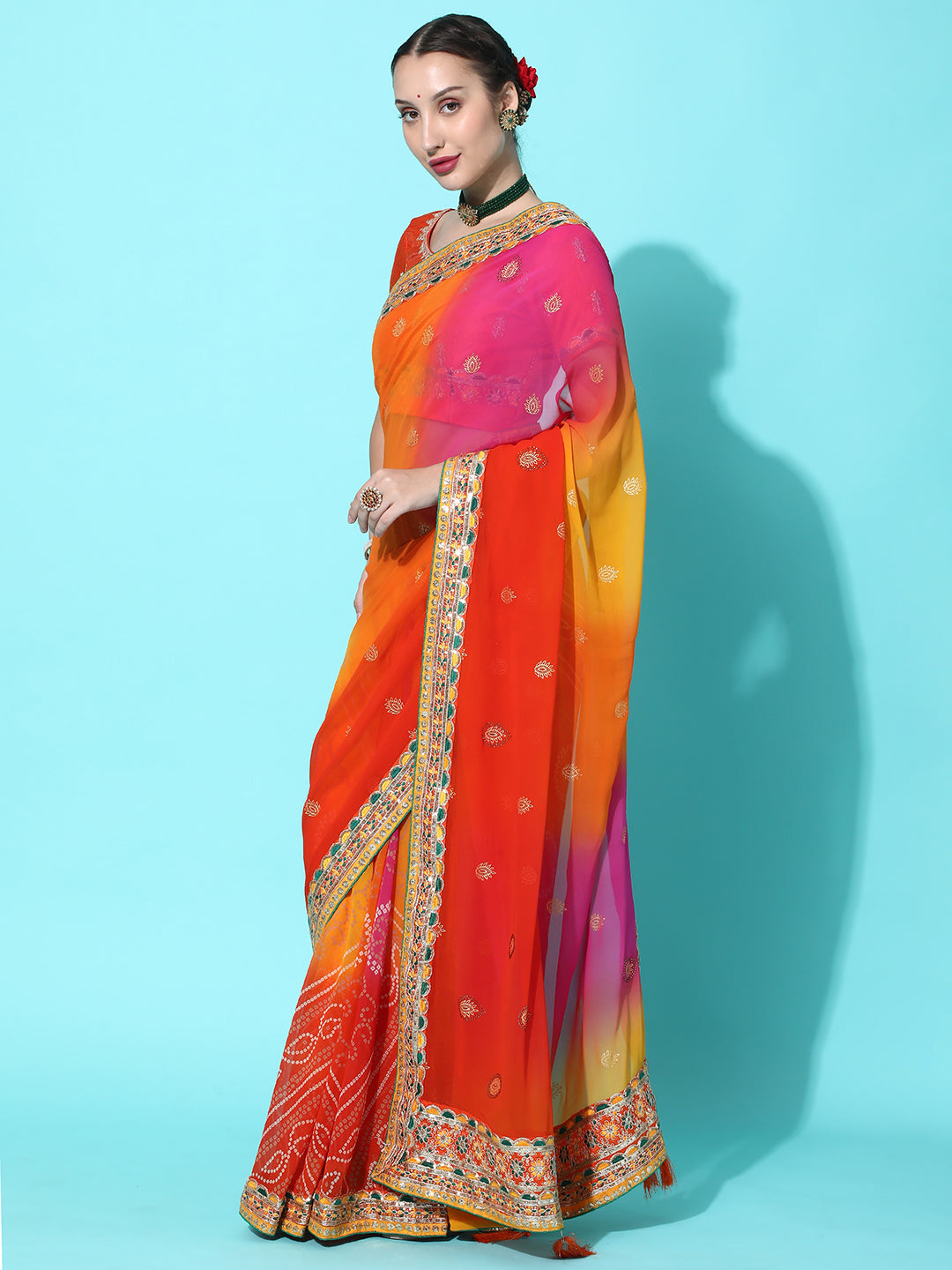 Dhiyona RV Women's Soft Pure Georgette With Bhandhani Print With Heavy Lace Saree With Blouse ( KVD2099 )