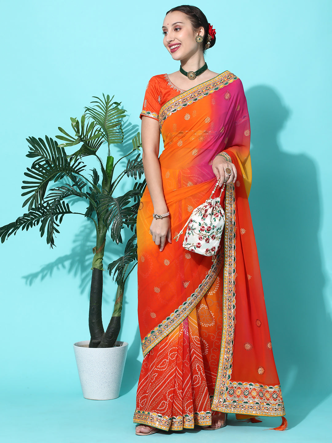 Dhiyona RV Women's Soft Pure Georgette With Bhandhani Print With Heavy Lace Saree With Blouse ( KVD2099 )