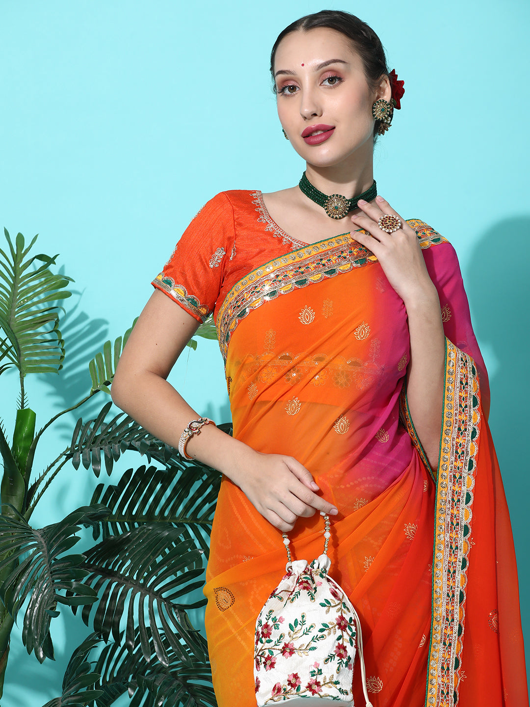Dhiyona RV Women's Soft Pure Georgette With Bhandhani Print With Heavy Lace Saree With Blouse ( KVD2099 )
