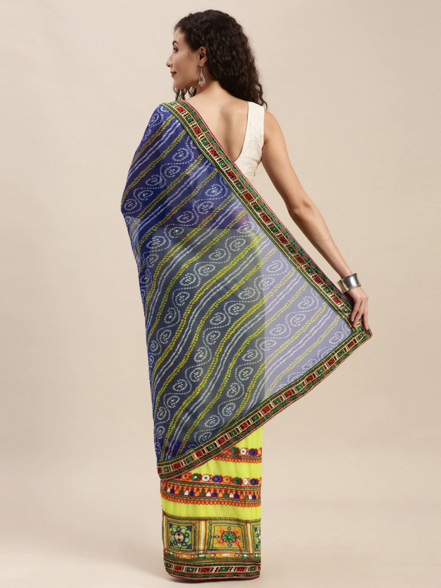 Dhiyona RV Women's half and half bandhani pallu Blue and Yellow color saree ( KVD210 )