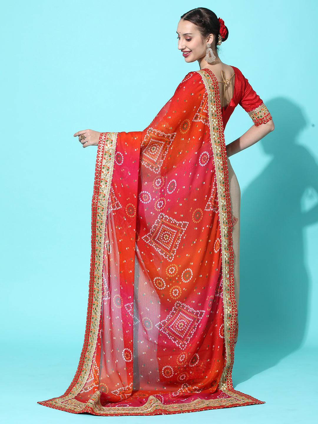 Dhiyona RV Women's Soft Pure Chiffon With Bhandhani Print With Heavy Lace Saree With Blouse ( KVD2101 )