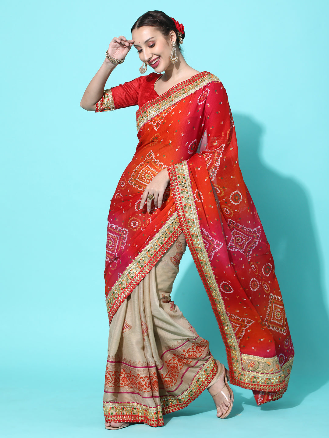 Dhiyona RV Women's Soft Pure Chiffon With Bhandhani Print With Heavy Lace Saree With Blouse ( KVD2101 )