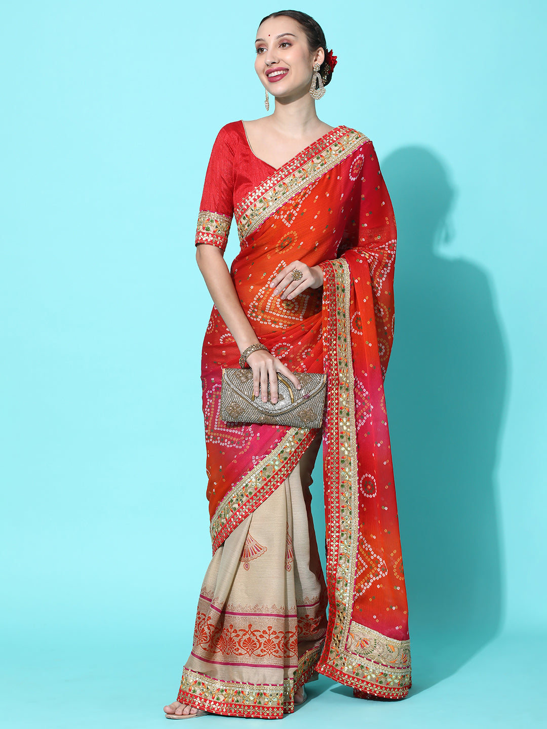 Dhiyona RV Women's Soft Pure Chiffon With Bhandhani Print With Heavy Lace Saree With Blouse ( KVD2101 )