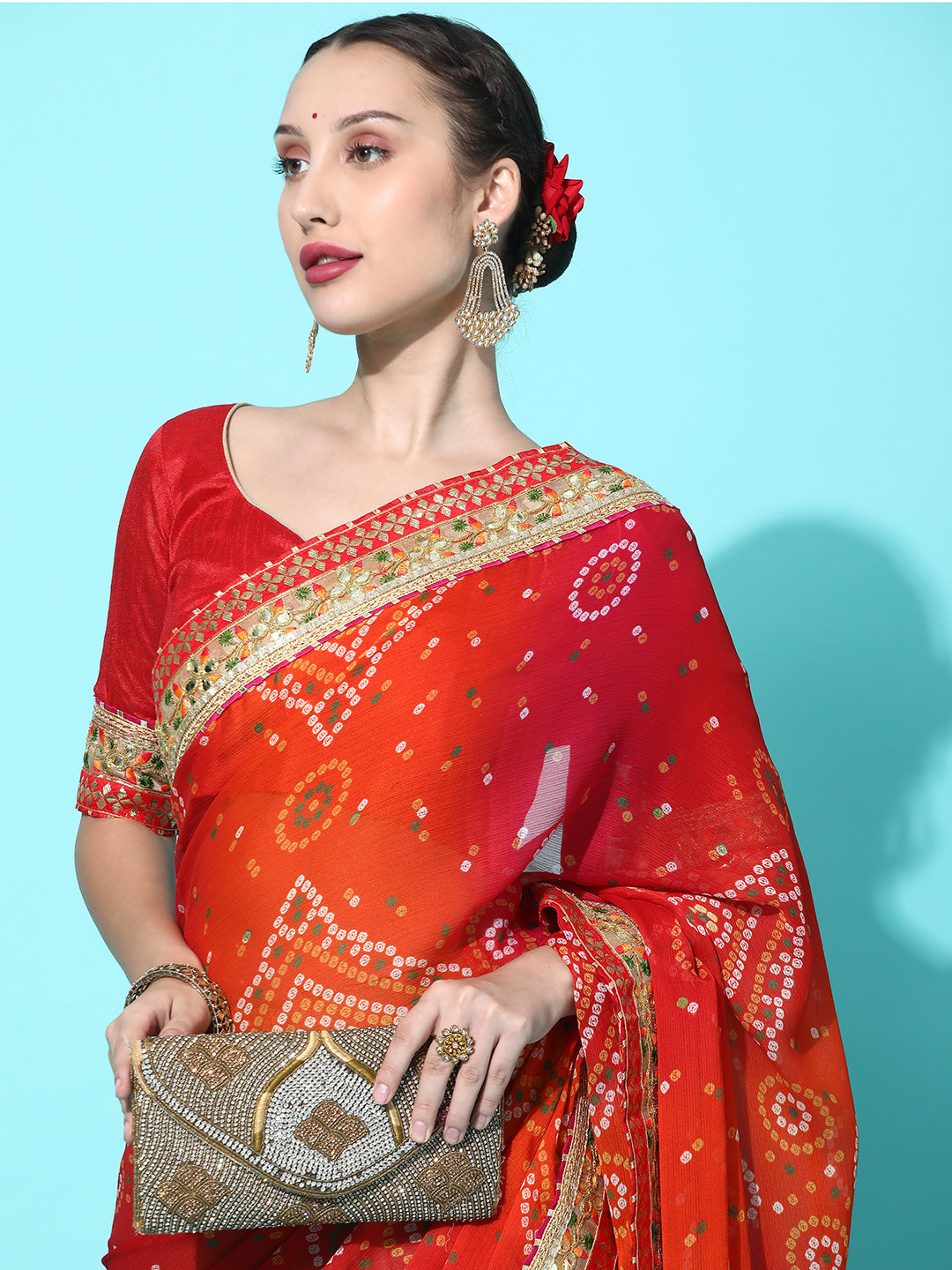 Dhiyona RV Women's Soft Pure Chiffon With Bhandhani Print With Heavy Lace Saree With Blouse ( KVD2101 )