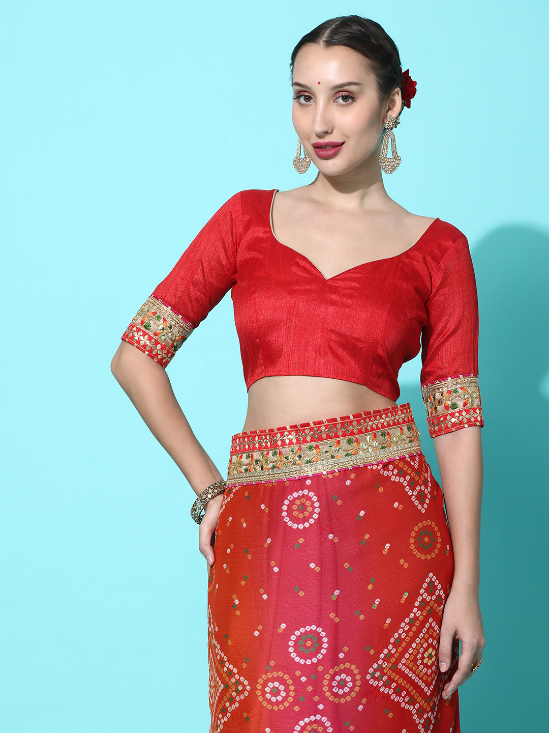 Dhiyona RV Women's Soft Pure Chiffon With Bhandhani Print With Heavy Lace Saree With Blouse ( KVD2101 )