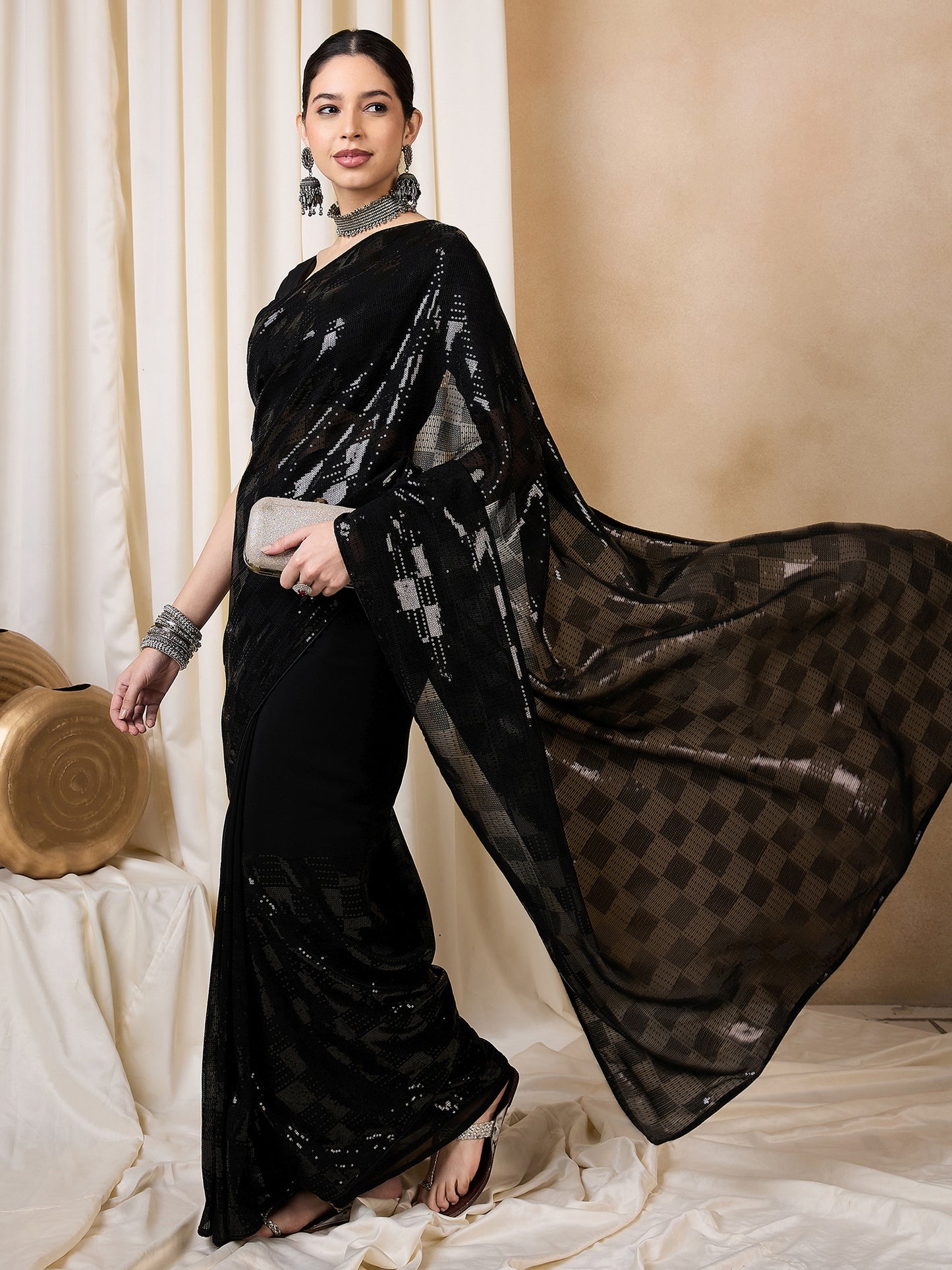 Dhiyona RV Women's Elegant Black Sequins Embroidered Georgette Saree with Matching Blouse ( KVD2110 )