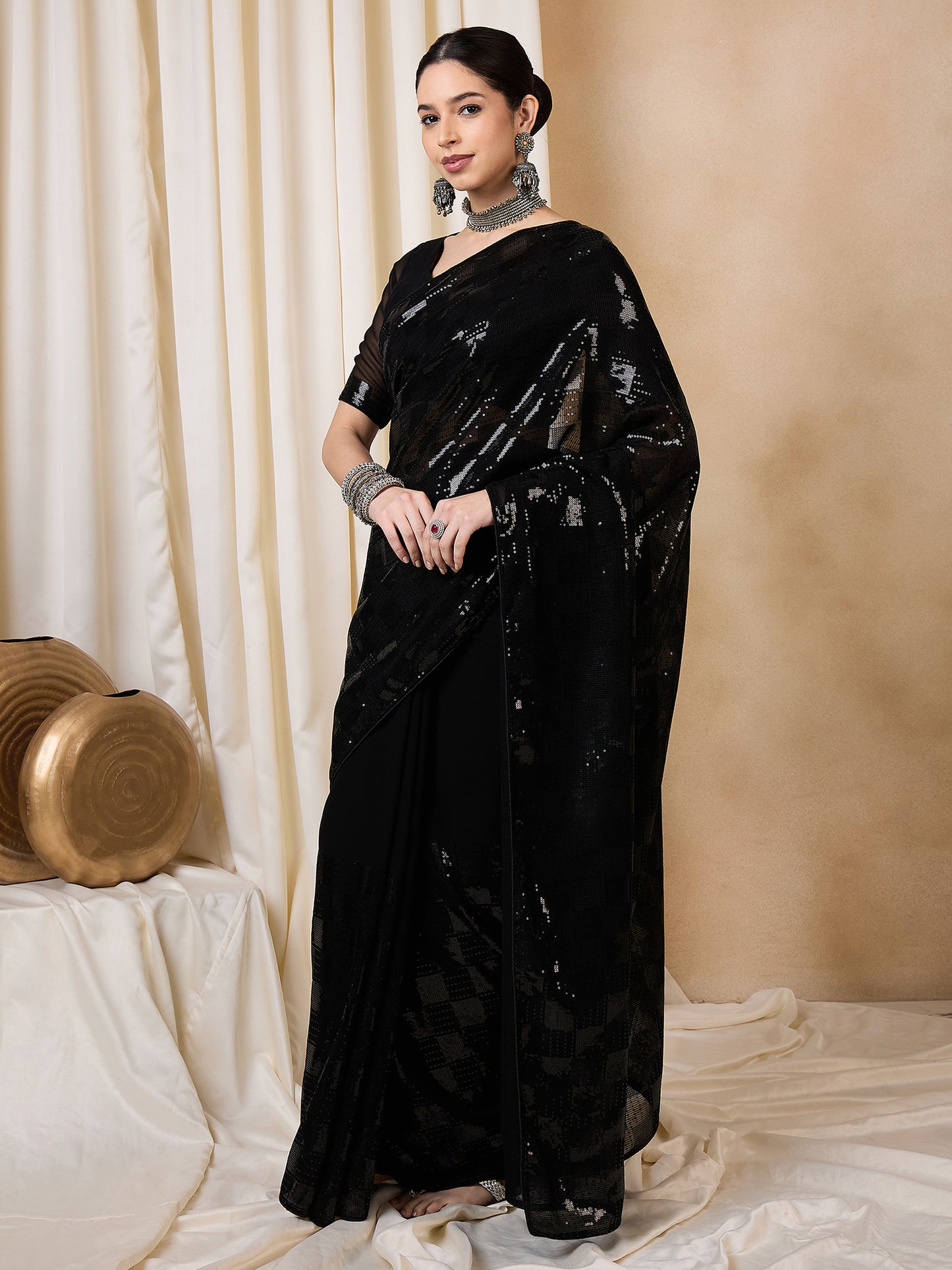 Dhiyona RV Women's Elegant Black Sequins Embroidered Georgette Saree with Matching Blouse ( KVD2110 )