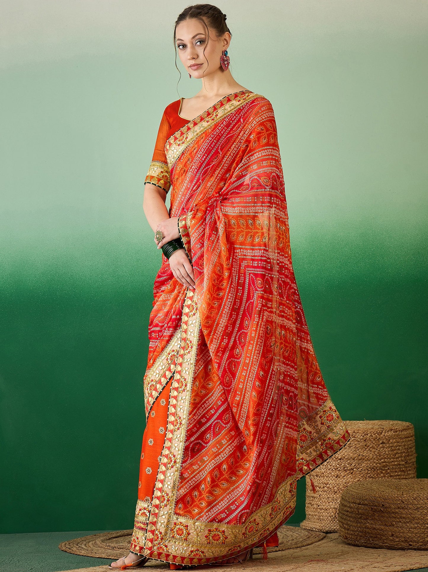 Dhiyona RV Women's Soft Mose Chiffon With Bhandhani Print With Heavy Lace Saree With Blouse ( KVD2128 )