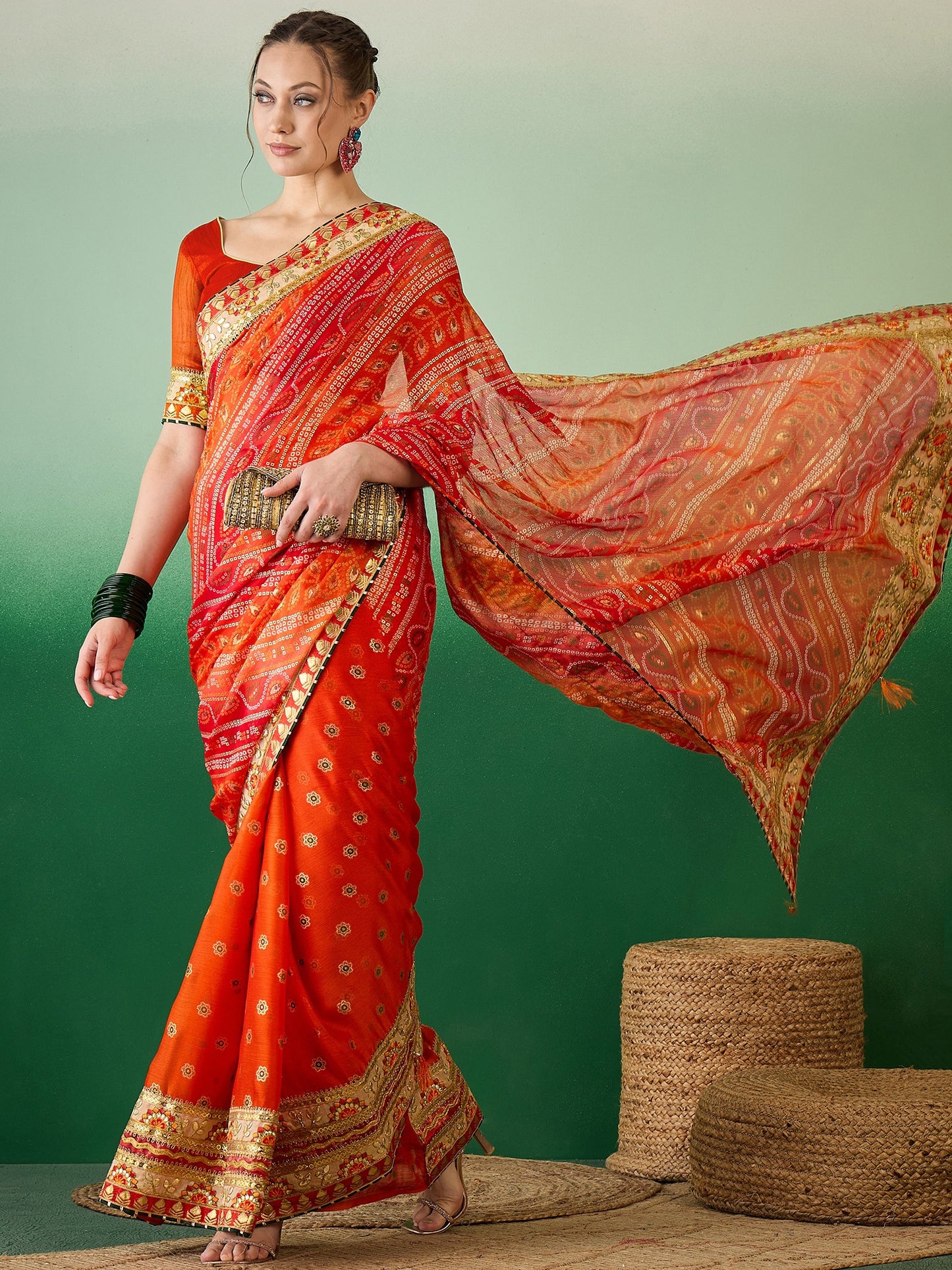 Dhiyona RV Women's Soft Mose Chiffon With Bhandhani Print With Heavy Lace Saree With Blouse ( KVD2128 )