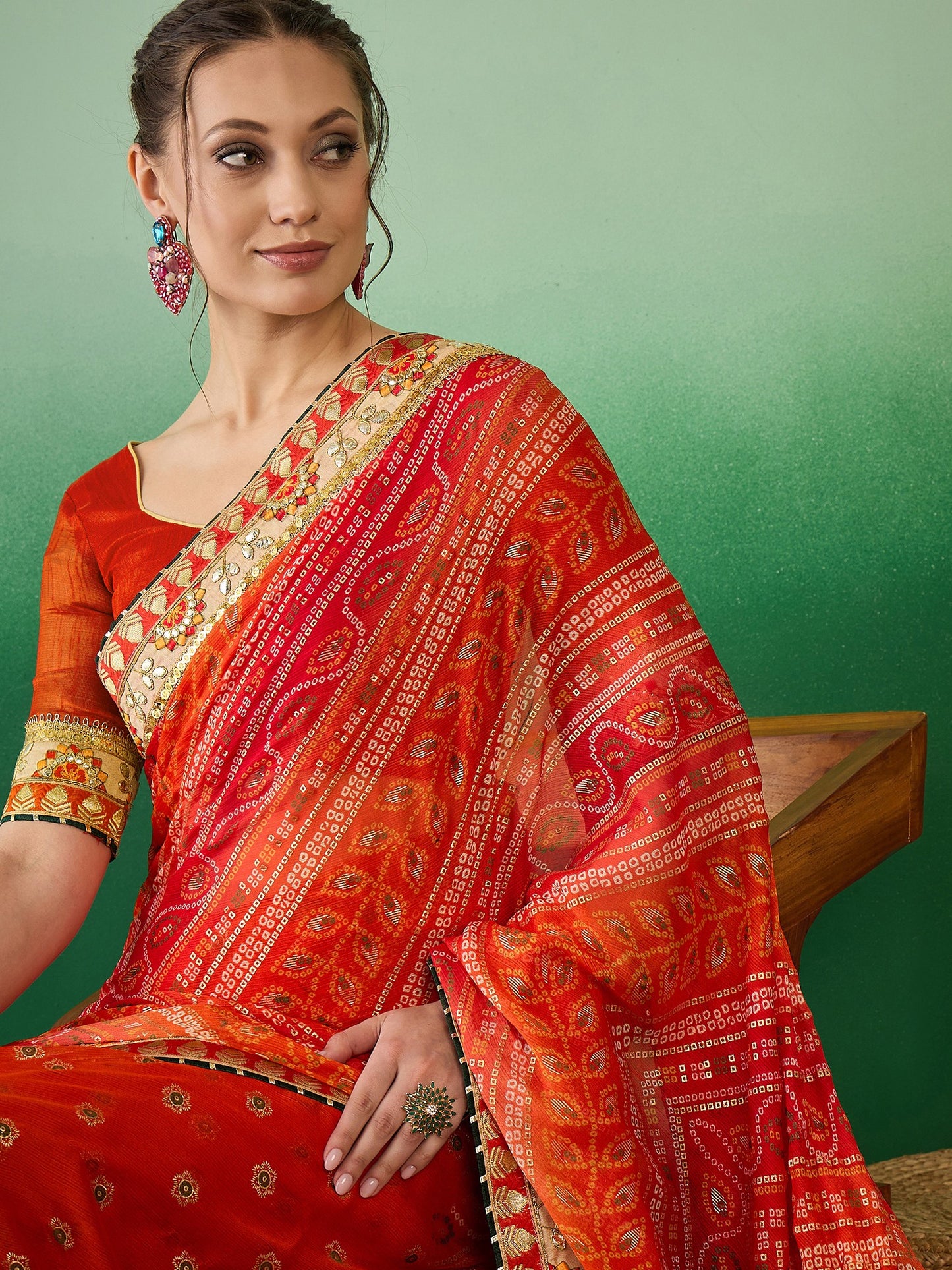 Dhiyona RV Women's Soft Mose Chiffon With Bhandhani Print With Heavy Lace Saree With Blouse ( KVD2128 )