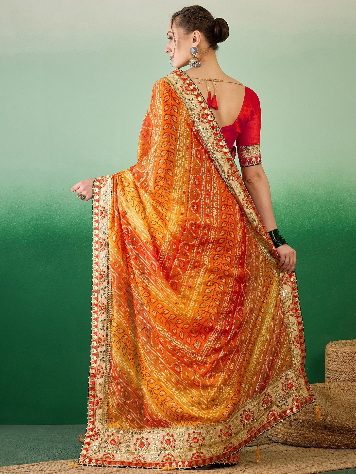 Dhiyona RV Women's Soft Mose Chiffon With Bhandhani Print With Heavy Lace Saree With Blouse ( KVD2129 )