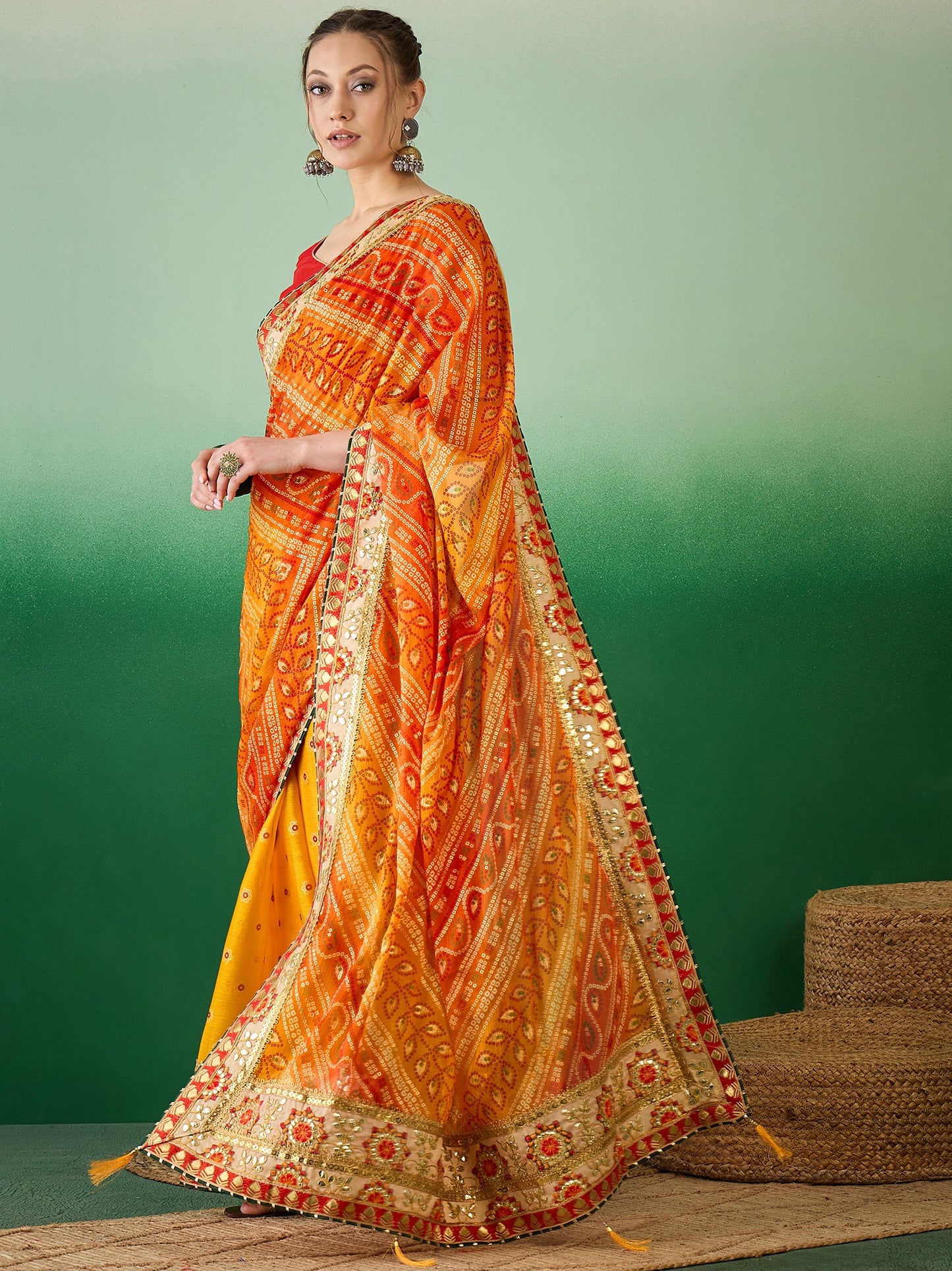 Dhiyona RV Women's Soft Mose Chiffon With Bhandhani Print With Heavy Lace Saree With Blouse ( KVD2129 )
