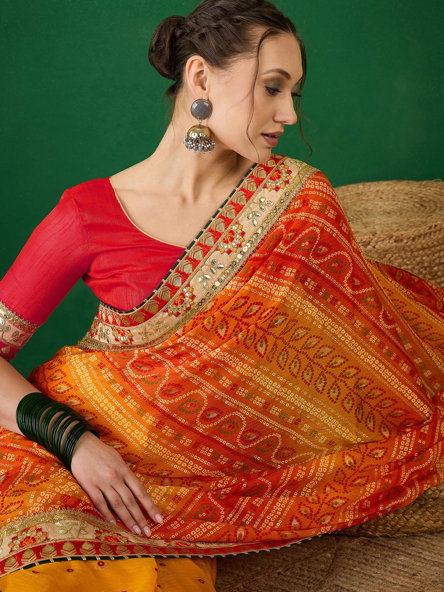 Dhiyona RV Women's Soft Mose Chiffon With Bhandhani Print With Heavy Lace Saree With Blouse ( KVD2129 )