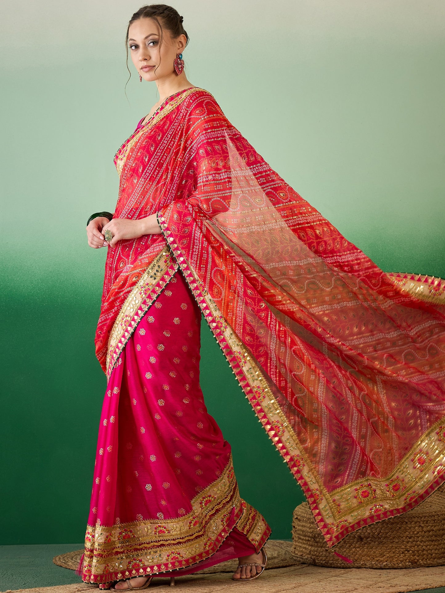 Dhiyona RV Women's Soft Mose Chiffon With Bhandhani Print With Heavy Lace Saree With Blouse ( KVD2130 )