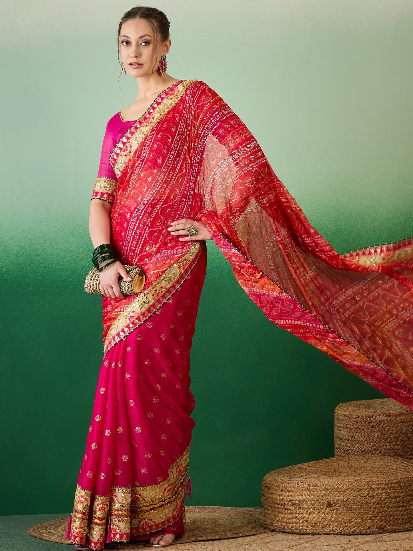 Dhiyona RV Women's Soft Mose Chiffon With Bhandhani Print With Heavy Lace Saree With Blouse ( KVD2130 )