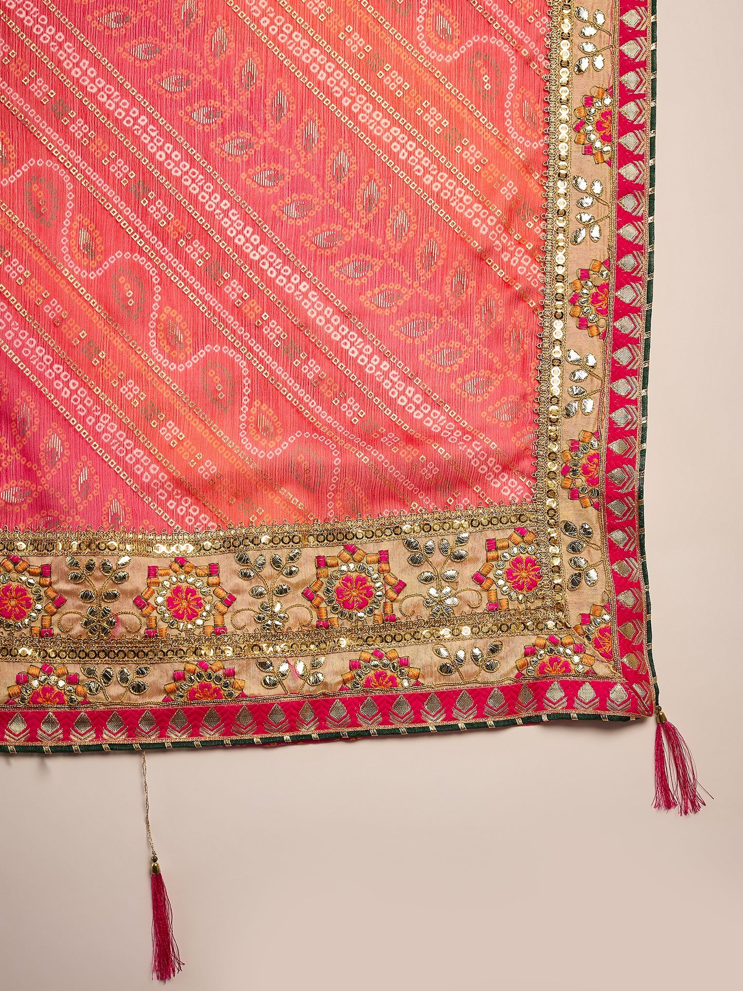 Dhiyona RV Women's Soft Mose Chiffon With Bhandhani Print With Heavy Lace Saree With Blouse ( KVD2130 )