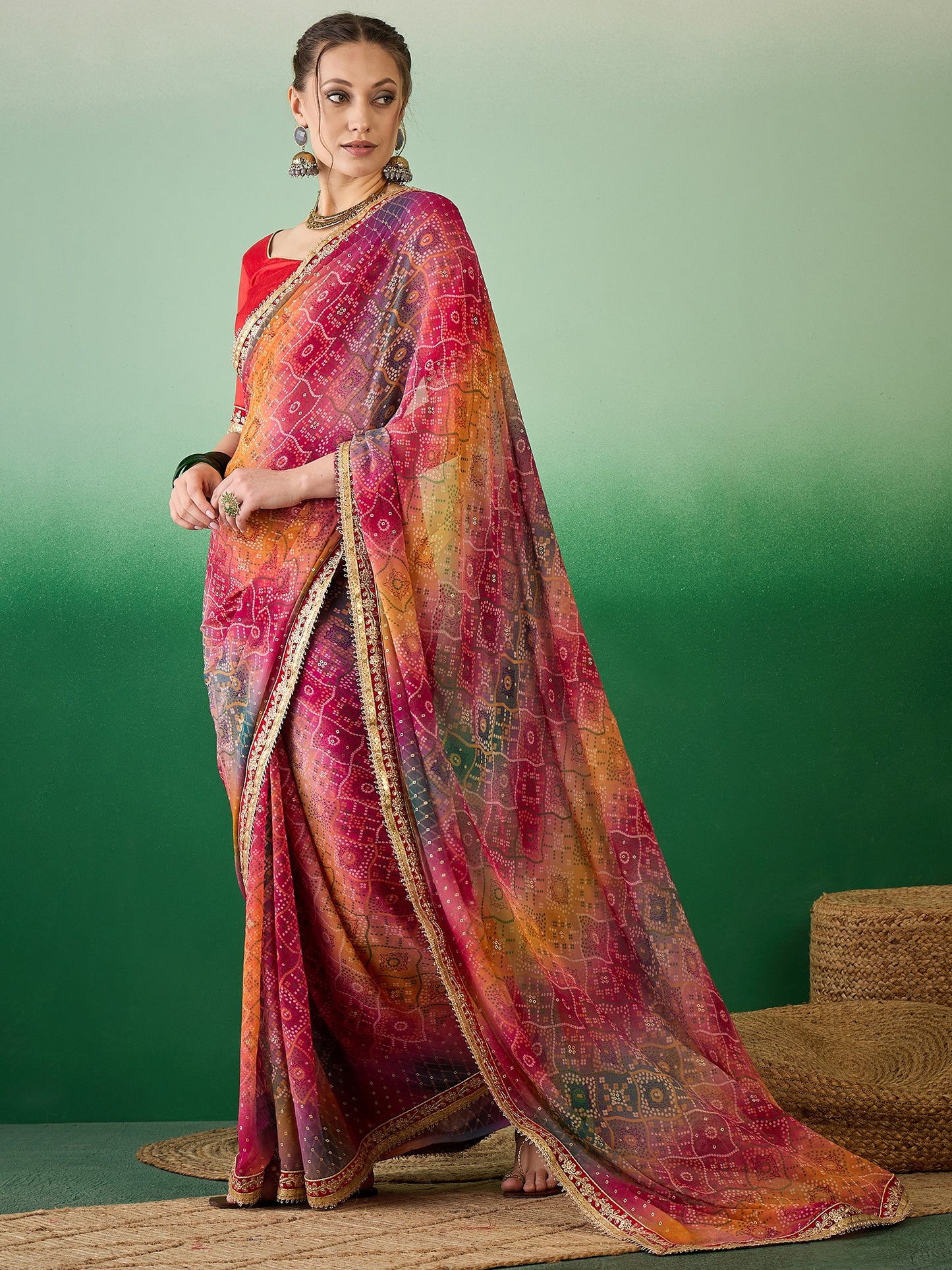 Dhiyona RV Women's Soft Exclusive Georgette With Bhandhani Print With Heavy Lace Saree With Blouse ( KVD2132 )