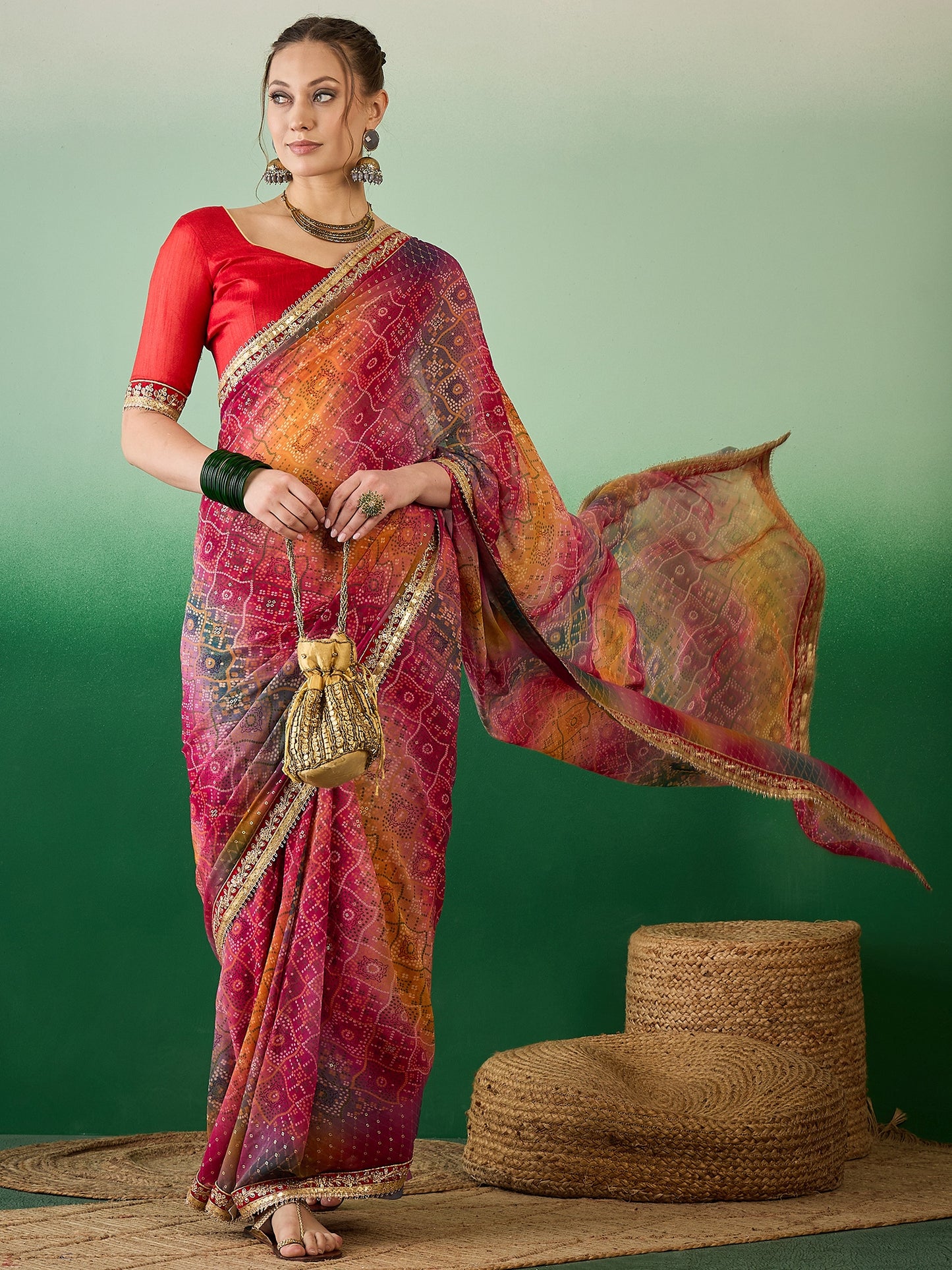 Dhiyona RV Women's Soft Exclusive Georgette With Bhandhani Print With Heavy Lace Saree With Blouse ( KVD2132 )