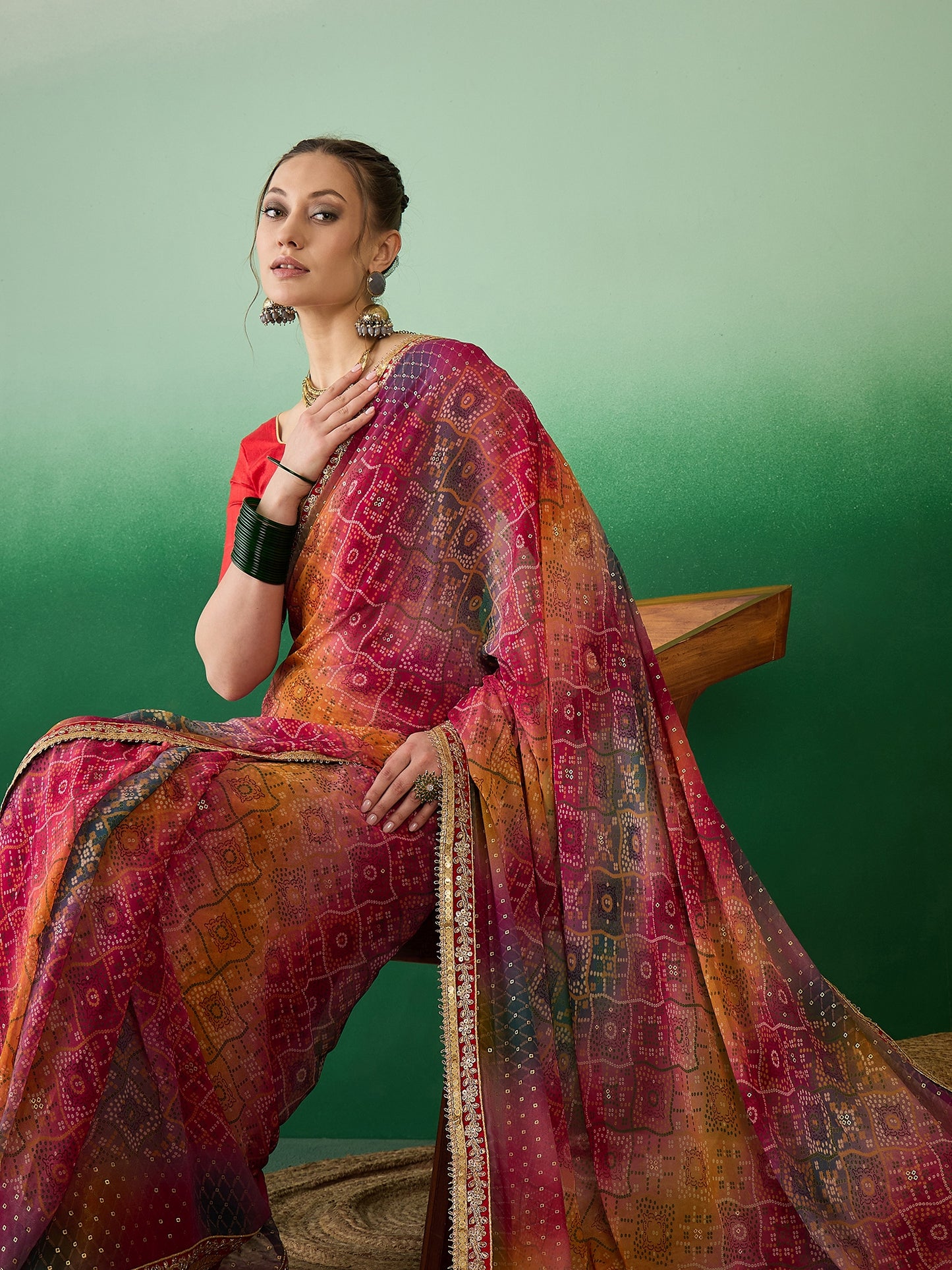 Dhiyona RV Women's Soft Exclusive Georgette With Bhandhani Print With Heavy Lace Saree With Blouse ( KVD2132 )