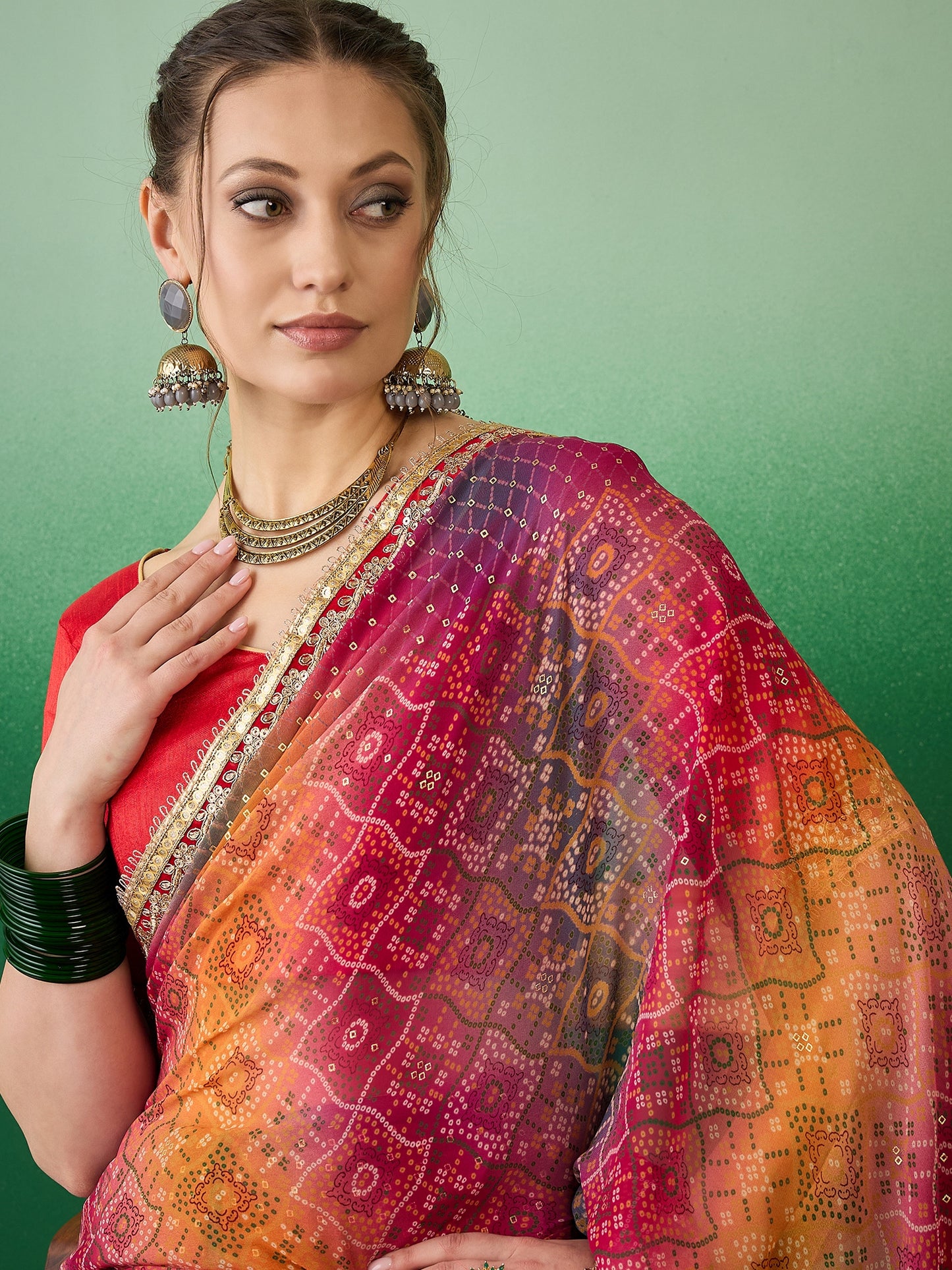 Dhiyona RV Women's Soft Exclusive Georgette With Bhandhani Print With Heavy Lace Saree With Blouse ( KVD2132 )