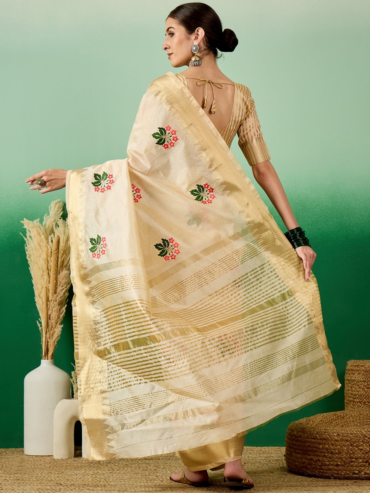 Dhiyona RV Women's Assam Cotton Silk Saree with Multi Thread Embroidery & Zari Temple Border With Blouse ( KVD2133 )