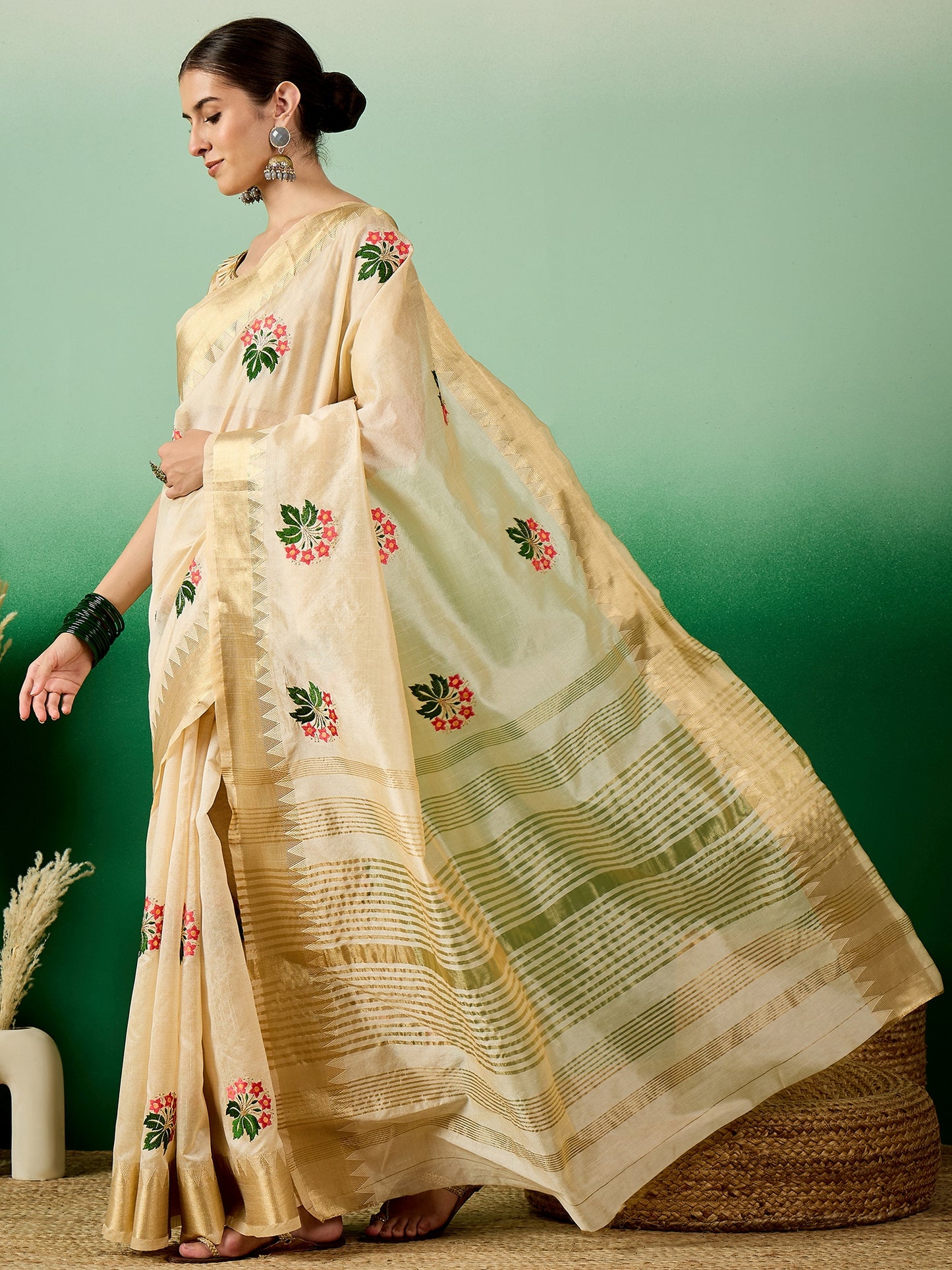 Dhiyona RV Women's Assam Cotton Silk Saree with Multi Thread Embroidery & Zari Temple Border With Blouse ( KVD2133 )