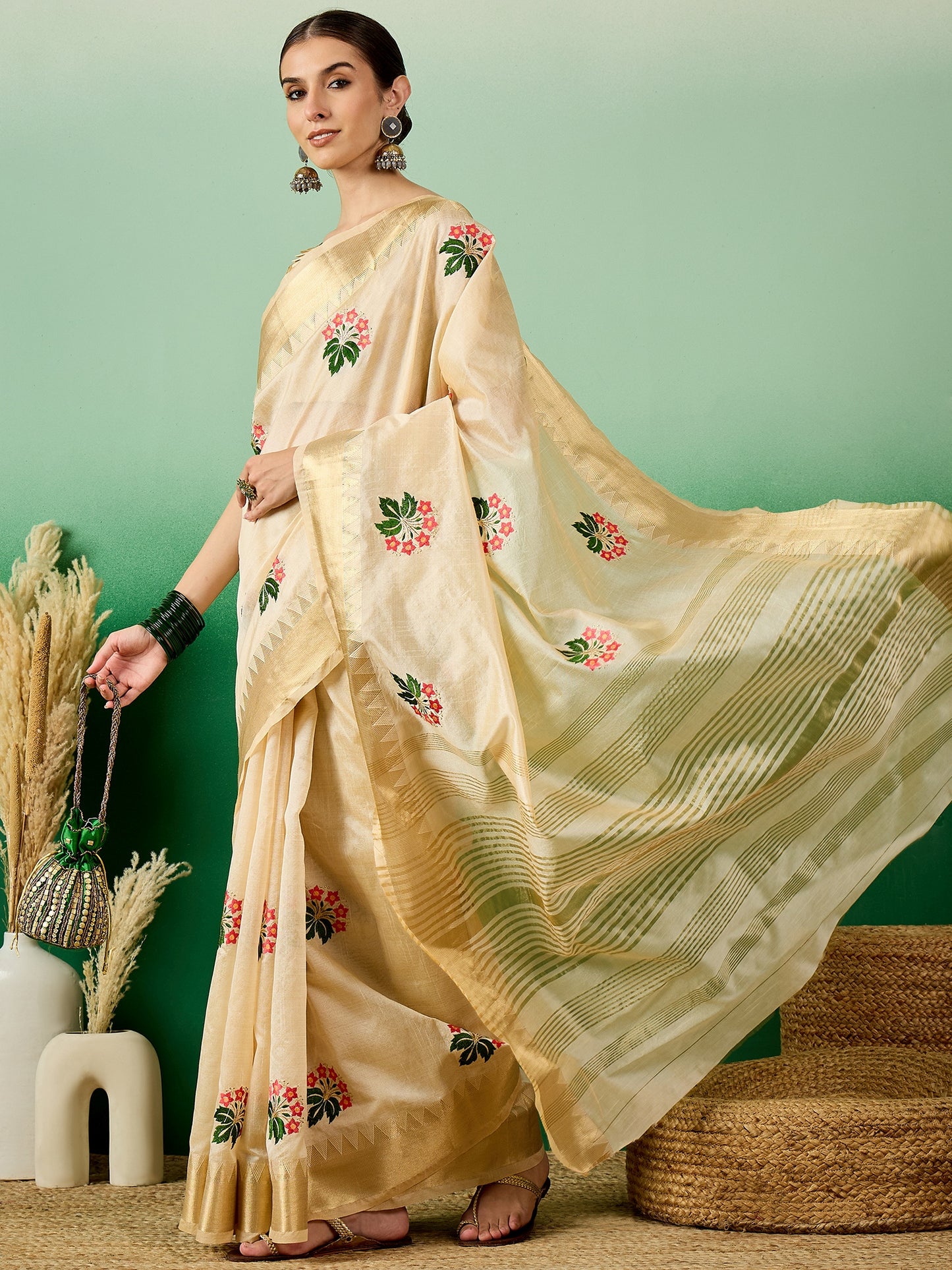 Dhiyona RV Women's Assam Cotton Silk Saree with Multi Thread Embroidery & Zari Temple Border With Blouse ( KVD2133 )