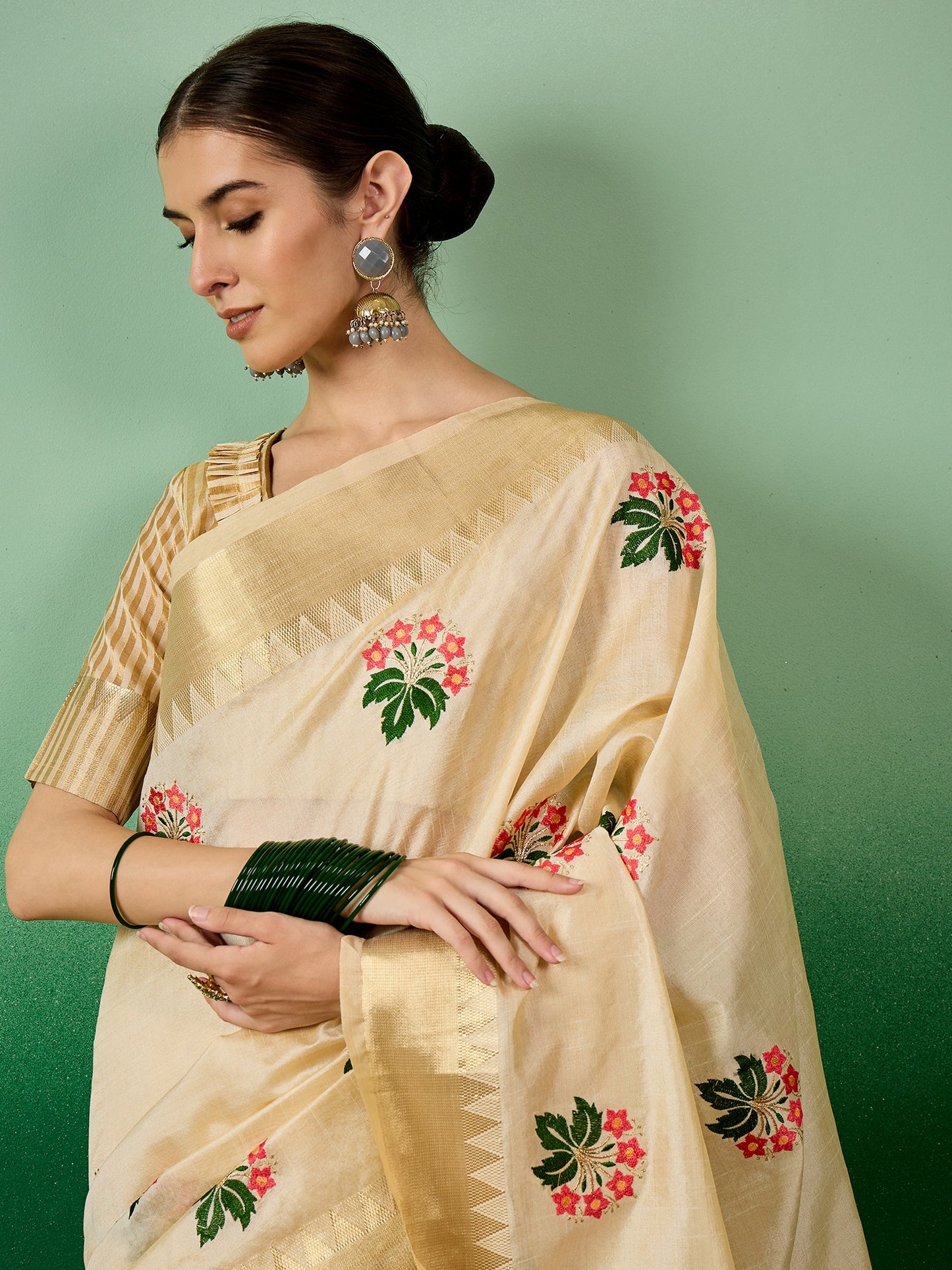 Dhiyona RV Women's Assam Cotton Silk Saree with Multi Thread Embroidery & Zari Temple Border With Blouse ( KVD2133 )
