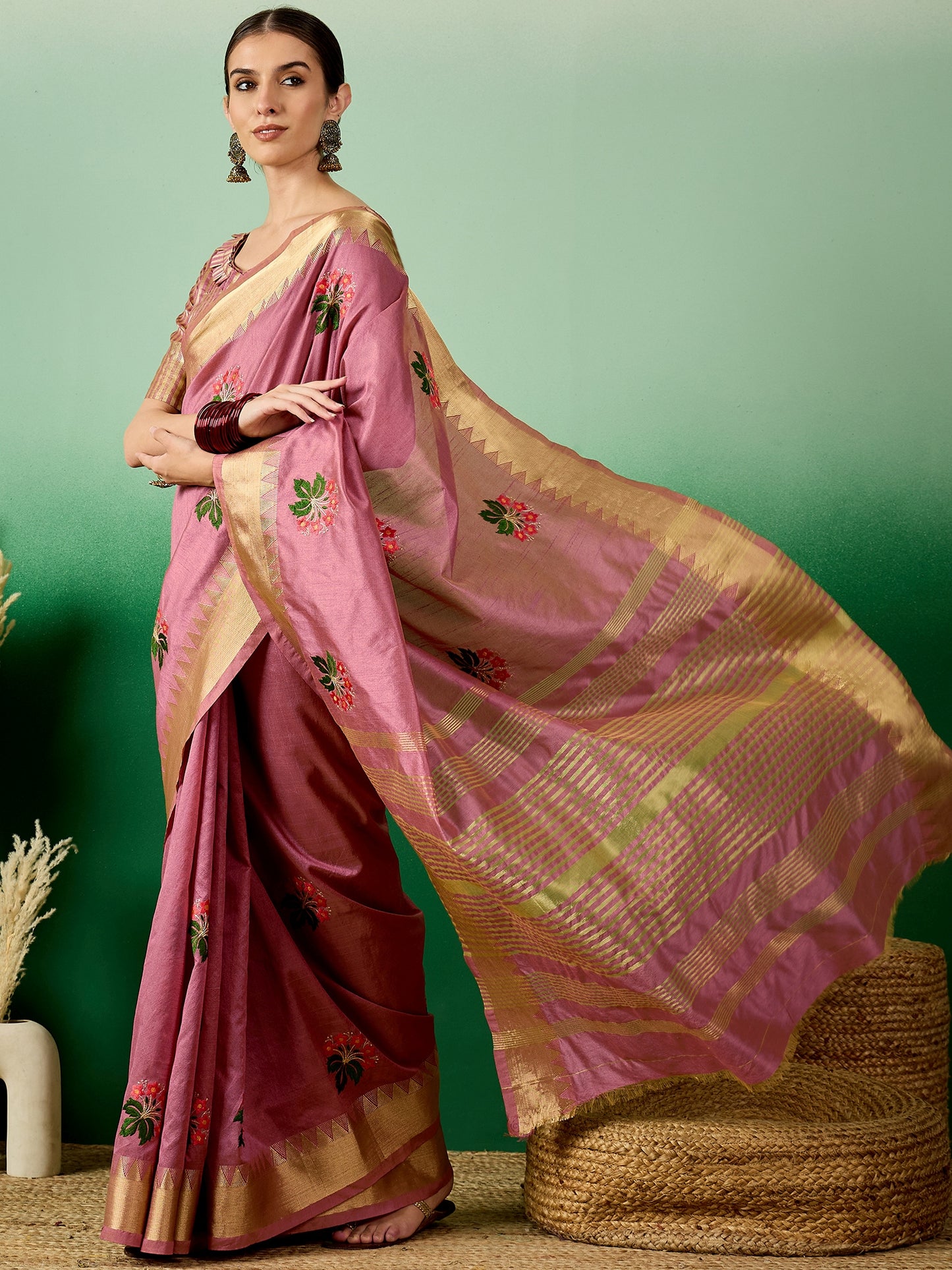 Dhiyona RV Women's Assam Cotton Silk Saree with Multi Thread Embroidery & Zari Temple Border With Blouse ( KVD2134 )