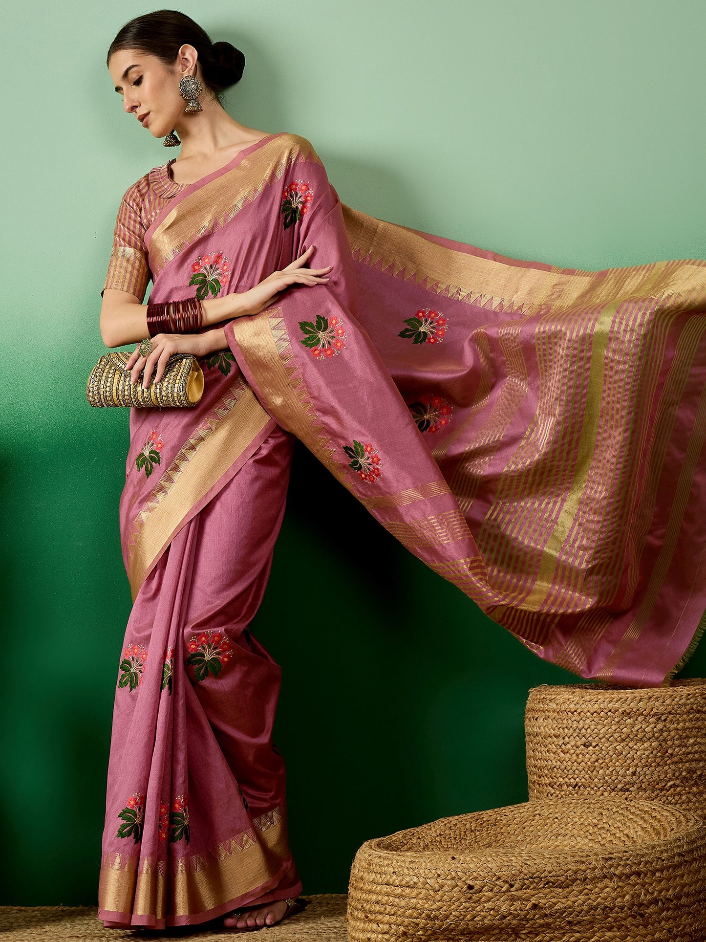 Dhiyona RV Women's Assam Cotton Silk Saree with Multi Thread Embroidery & Zari Temple Border With Blouse ( KVD2134 )