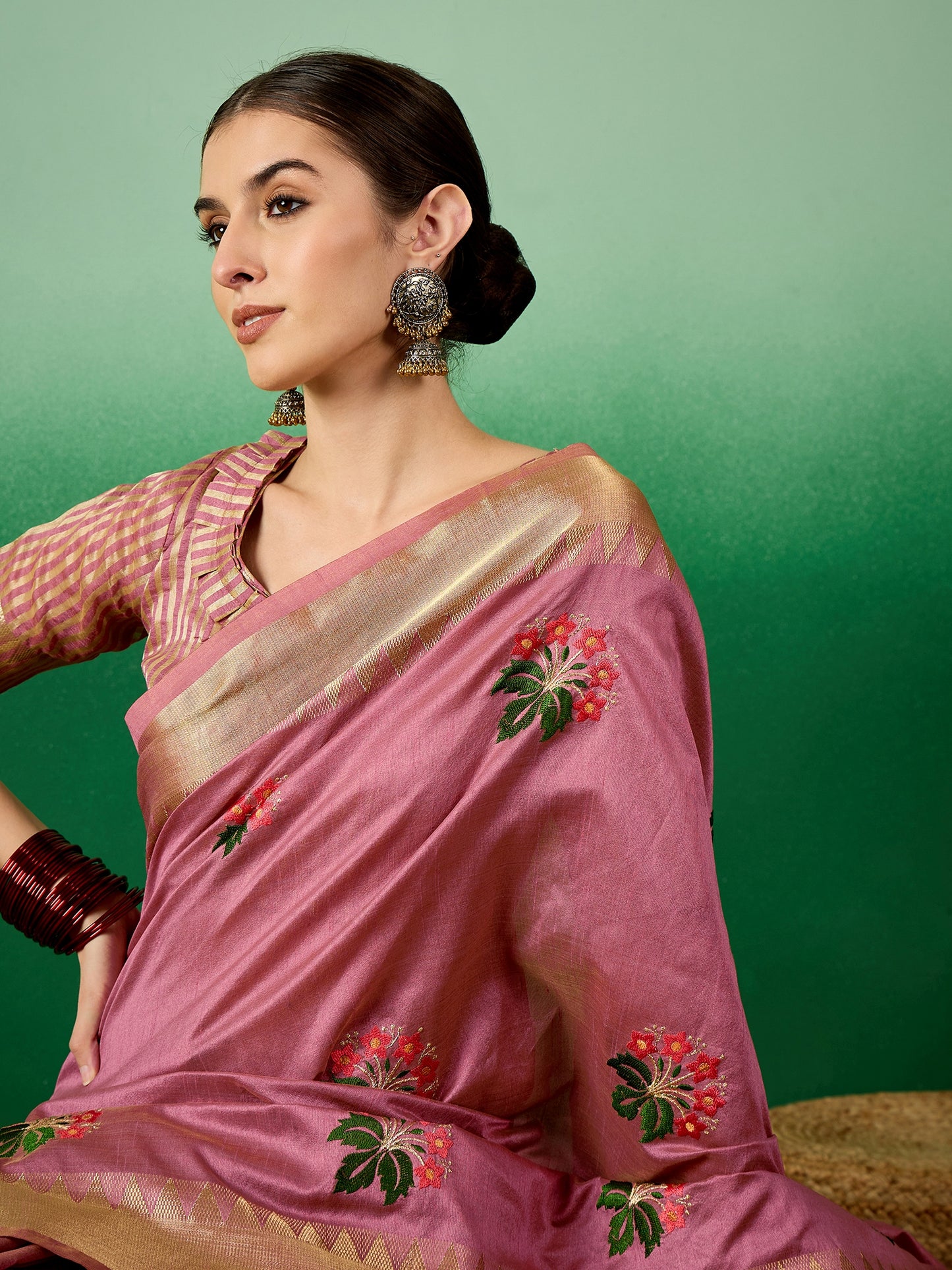 Dhiyona RV Women's Assam Cotton Silk Saree with Multi Thread Embroidery & Zari Temple Border With Blouse ( KVD2134 )