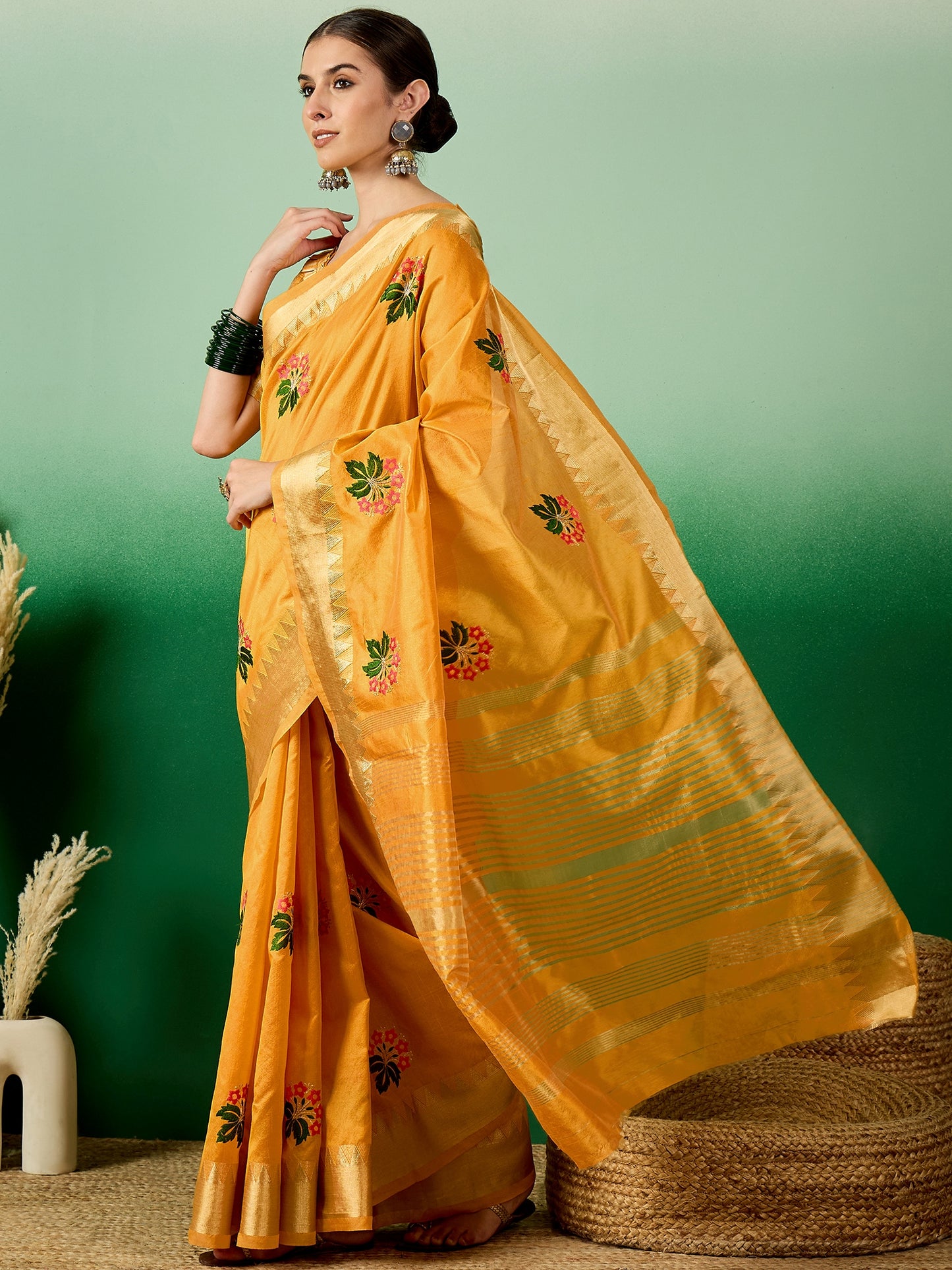 Dhiyona RV Women's Assam Cotton Silk Saree with Multi Thread Embroidery & Zari Temple Border With Blouse ( KVD2135 )